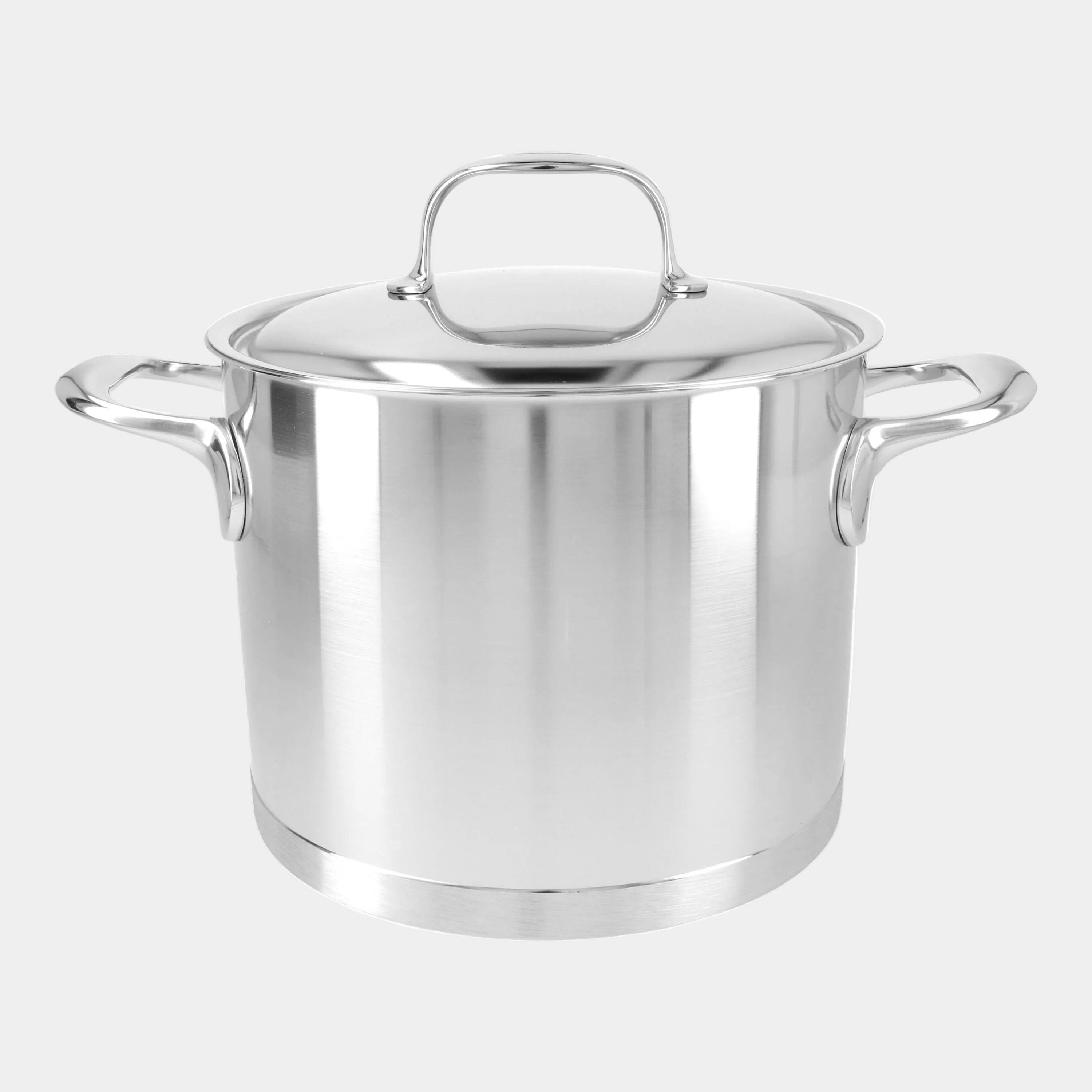 Stainless steel stock pot with lid on a white background