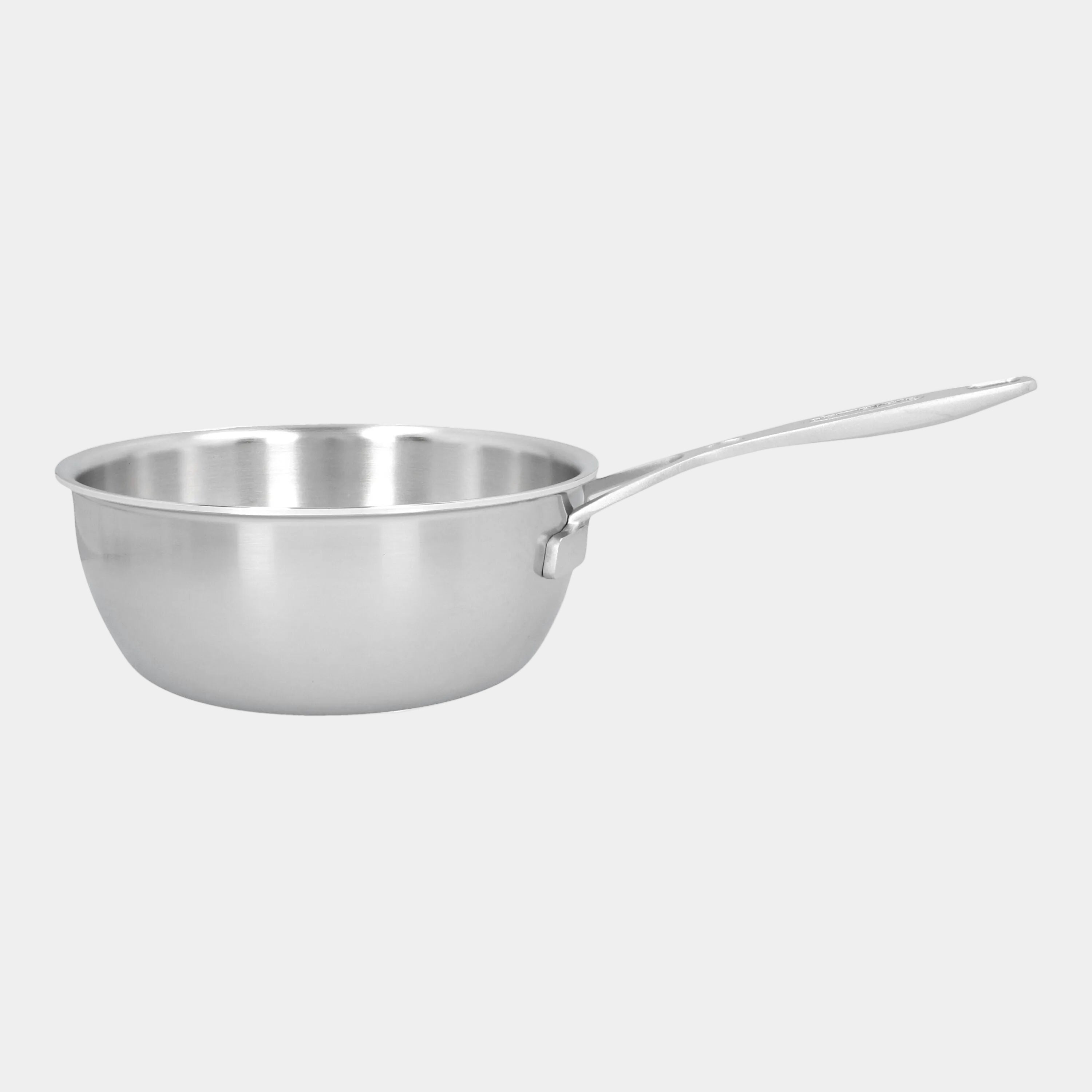 Stainless steel saucepan on a white background