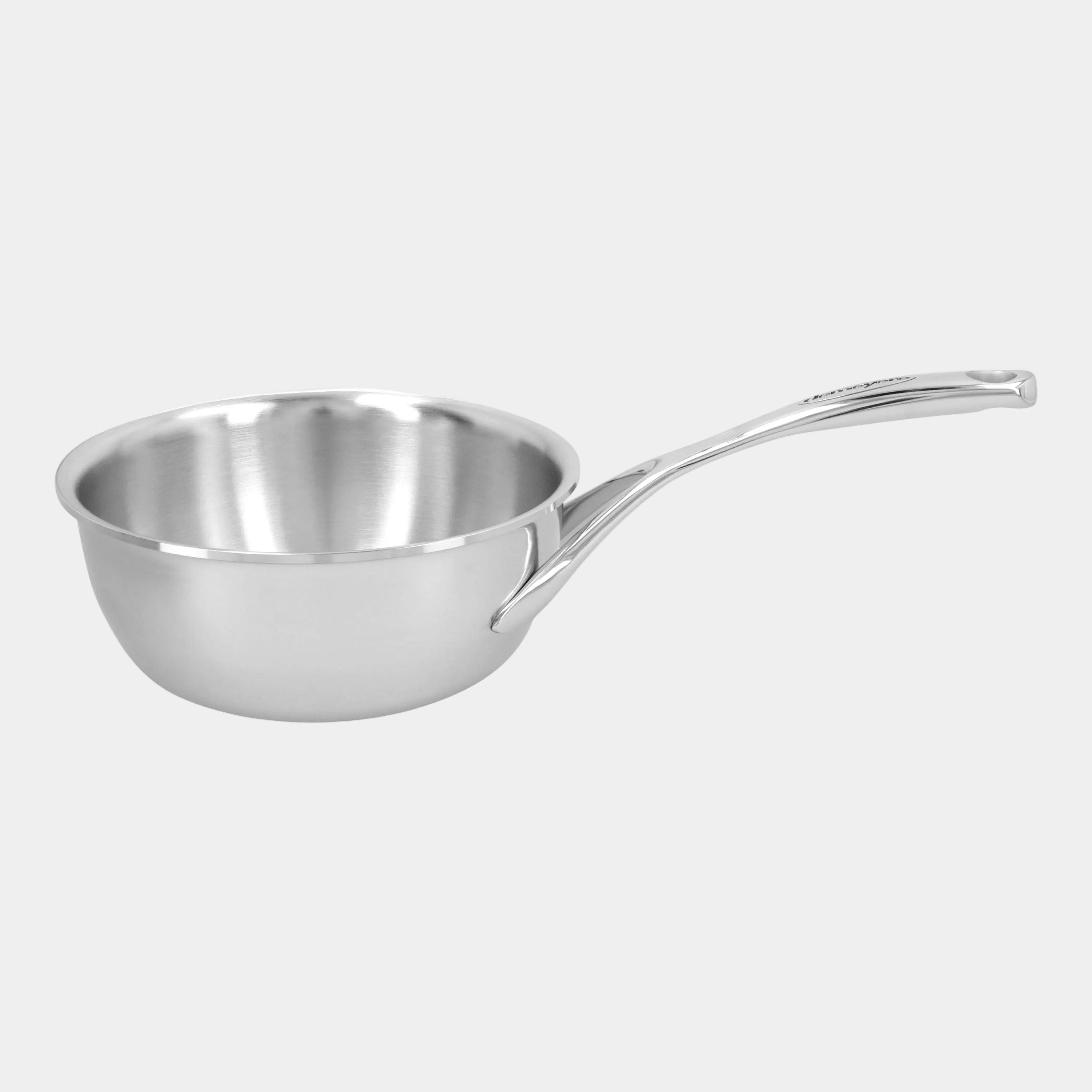 Stainless steel saucepan on a white background