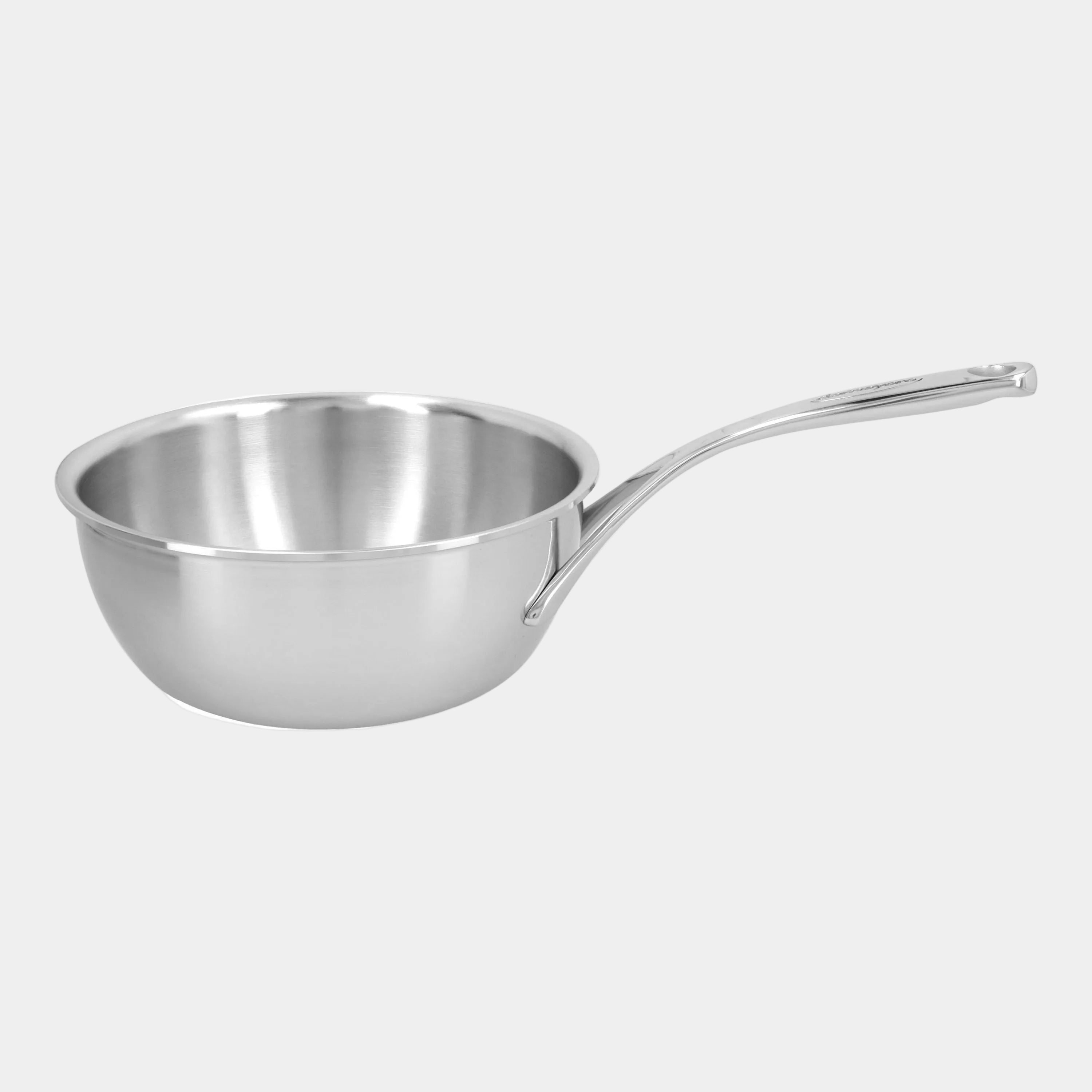 Stainless steel saucepan on a white background