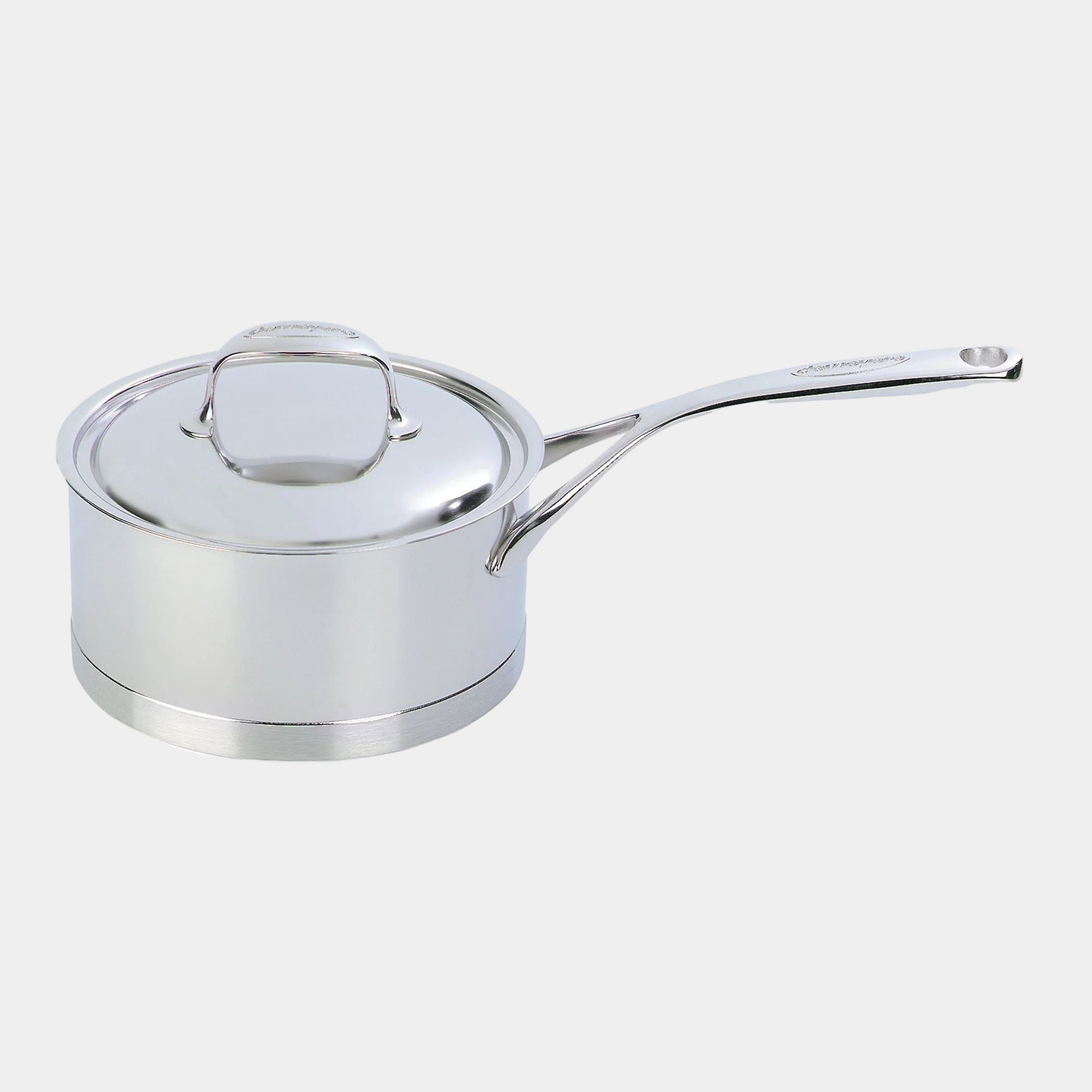 Stainless steel saucepan with lid on a white background