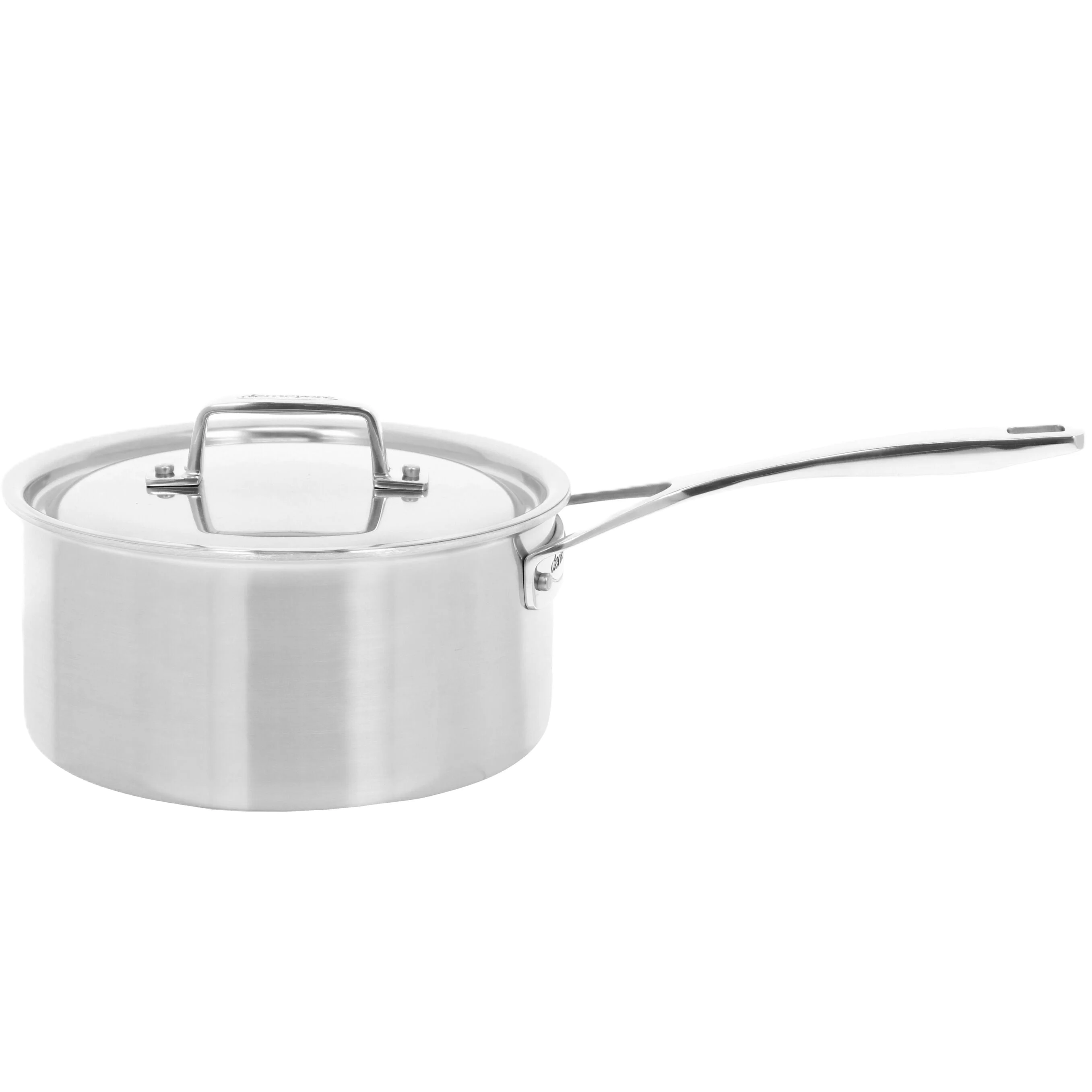 Stainless steel pot with lid on a white background