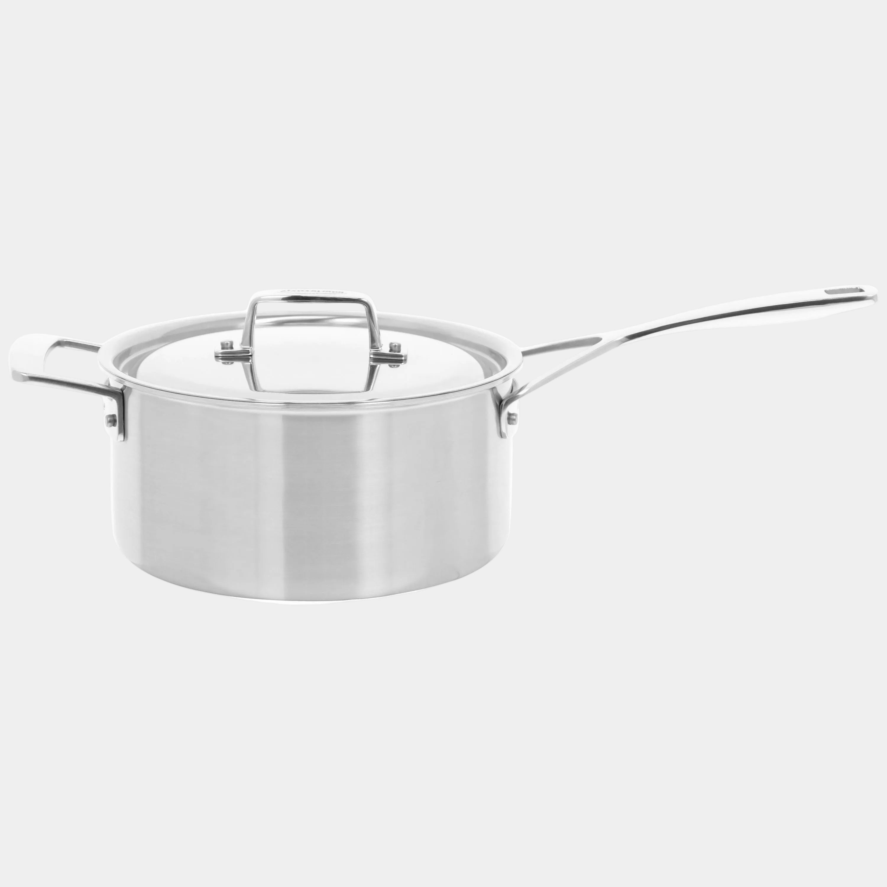 Stainless steel pot with lid on a white background