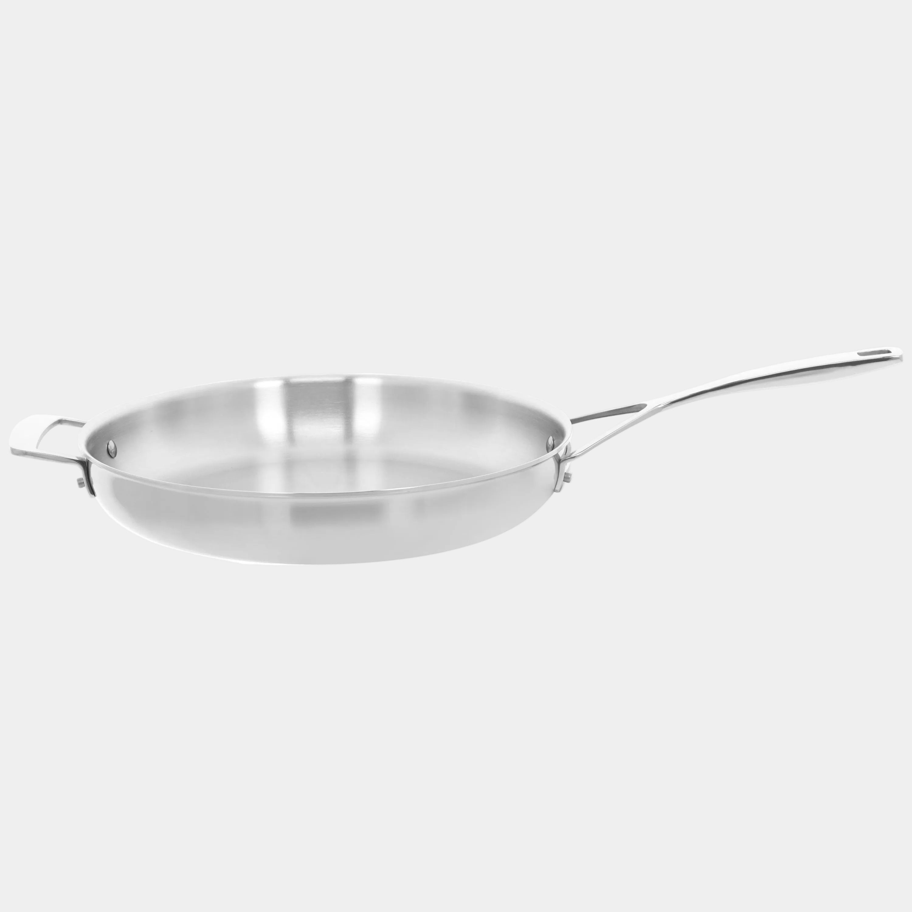 Stainless steel frying pan on a white background