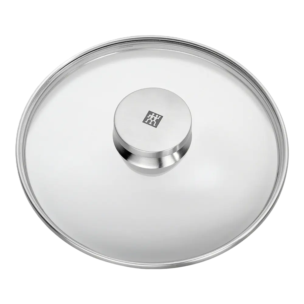 Glass lid with metal handle on a white background