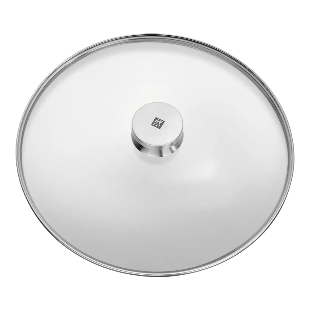Glass lid with metal handle on a white background