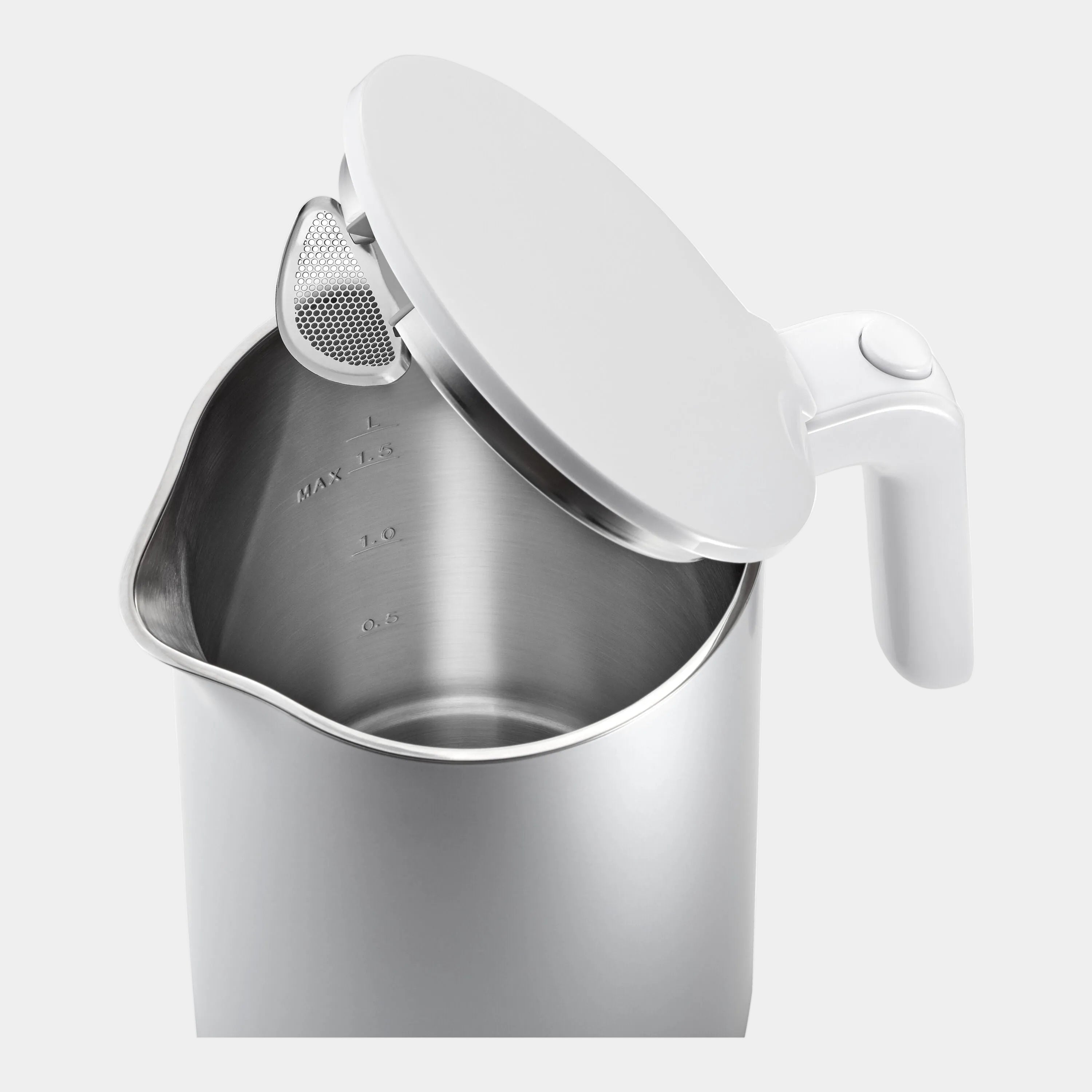 Stainless steel pitcher with a white lid on a white background