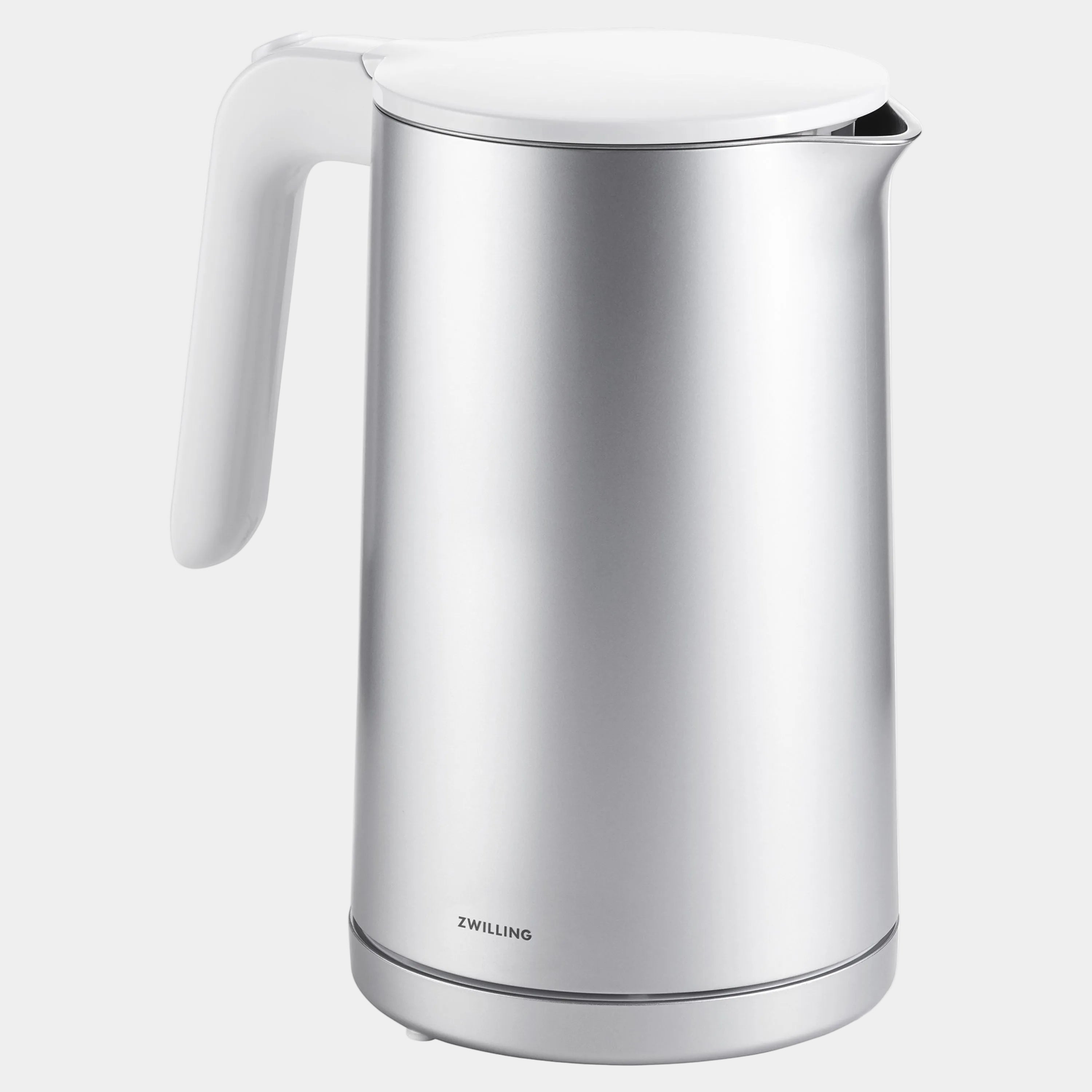 Stainless steel kettle with white handle on a white background, featuring the Zwilling brand.