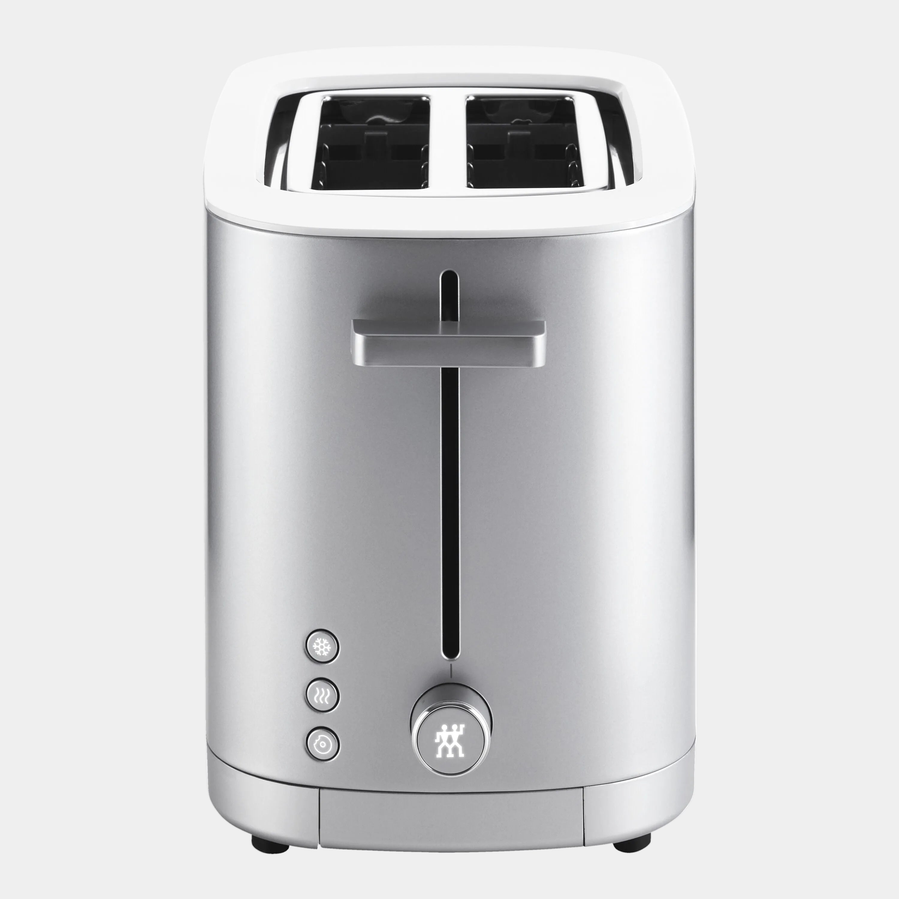 Silver toaster with a brand logo on a white background