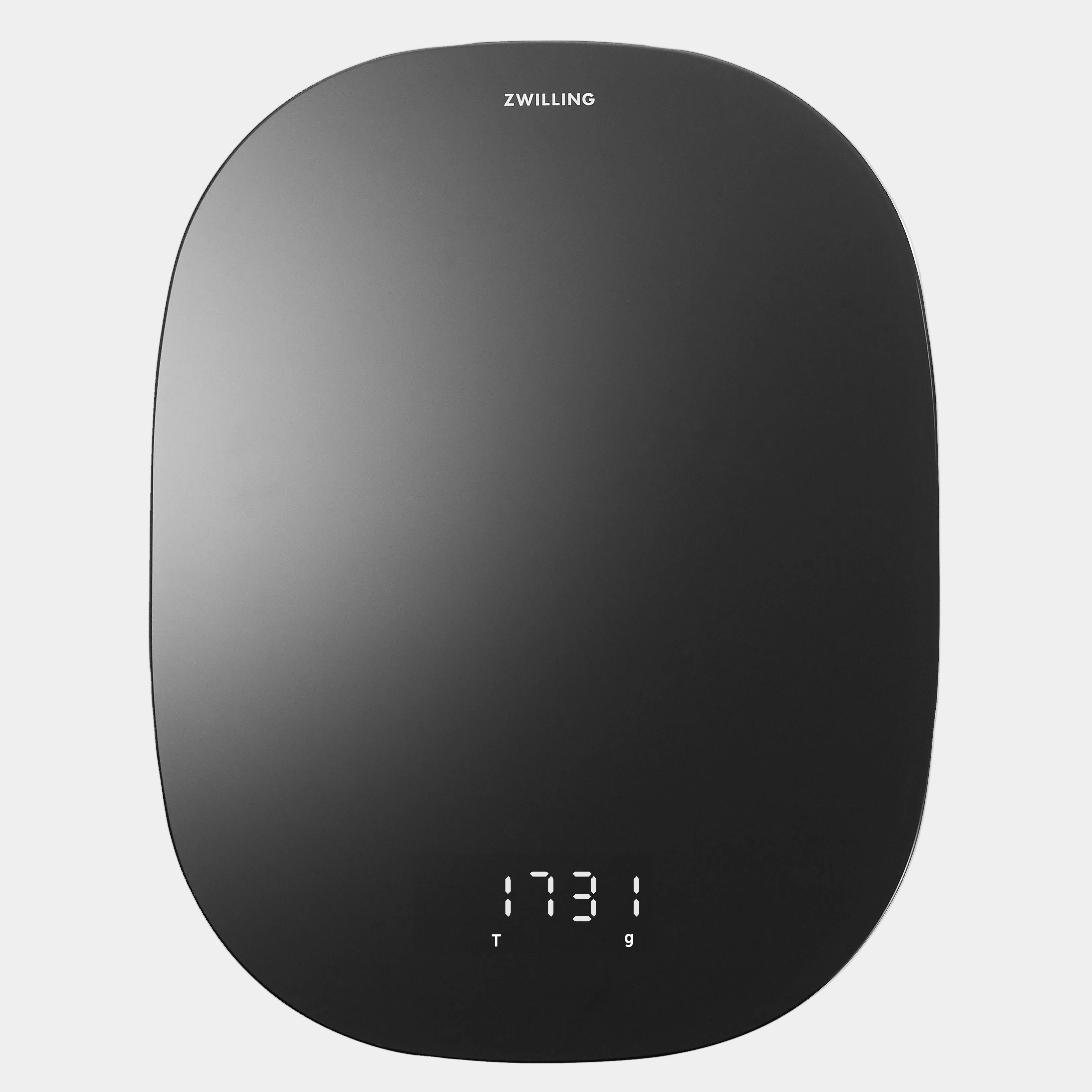 Black digital kitchen scale with digital display on a white background