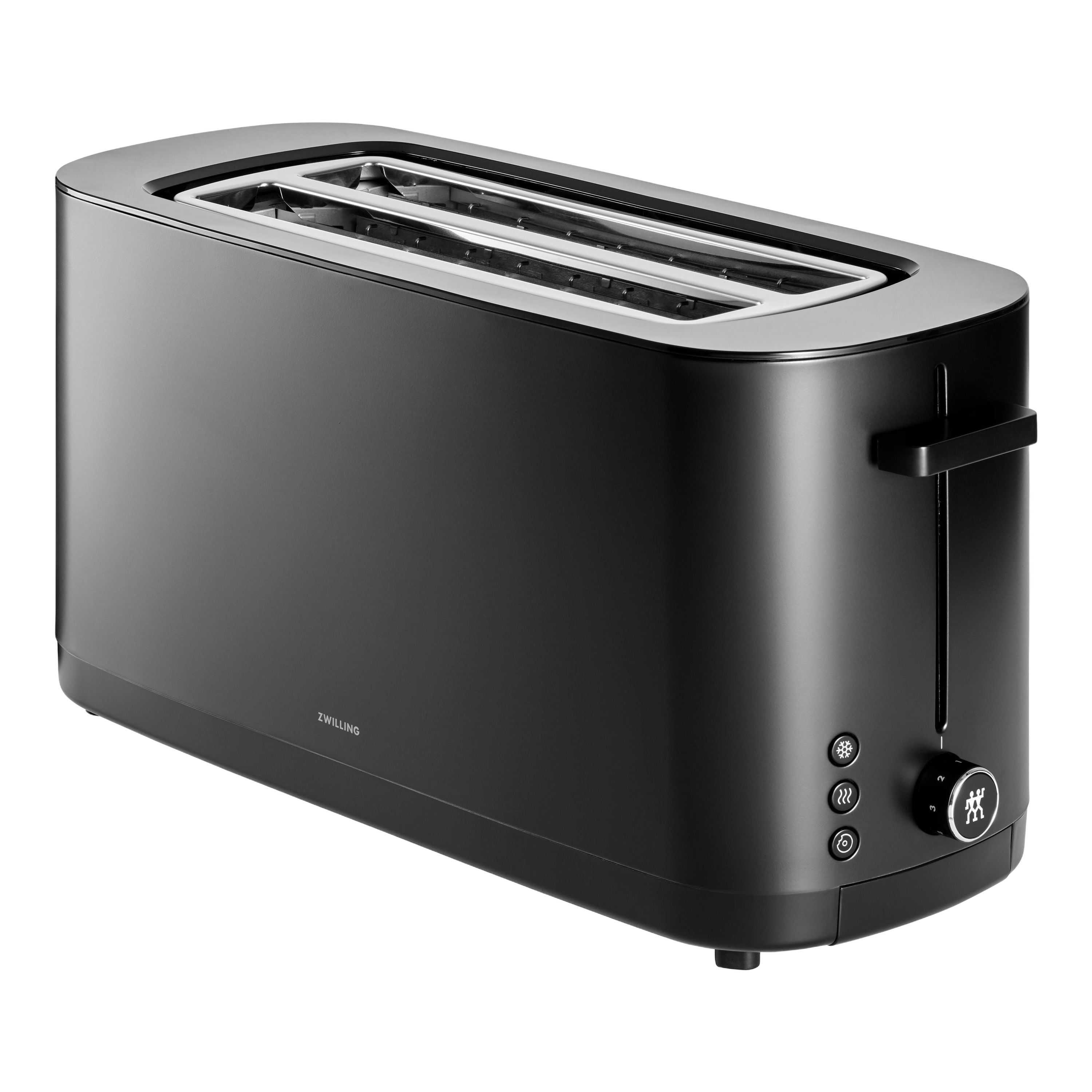 Black toaster with silver accents on a white background