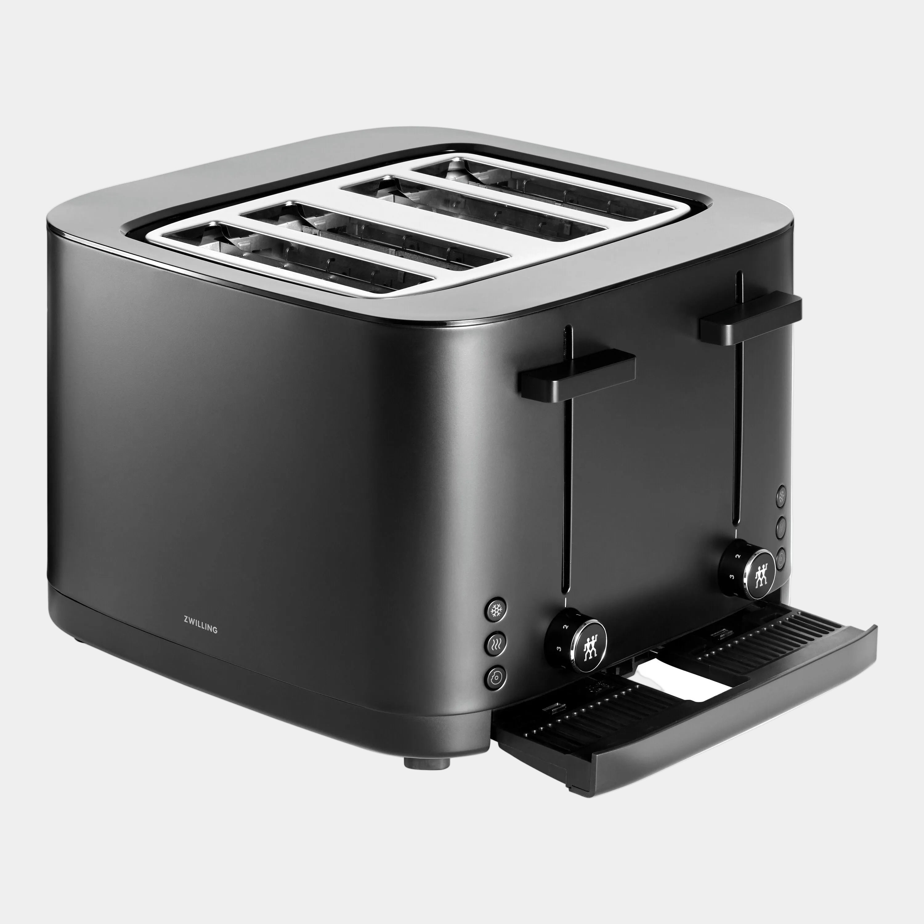 ZWILLING Enfinigy 4-Slot Toaster in black with adjustable browning and sleek painted stainless steel design.