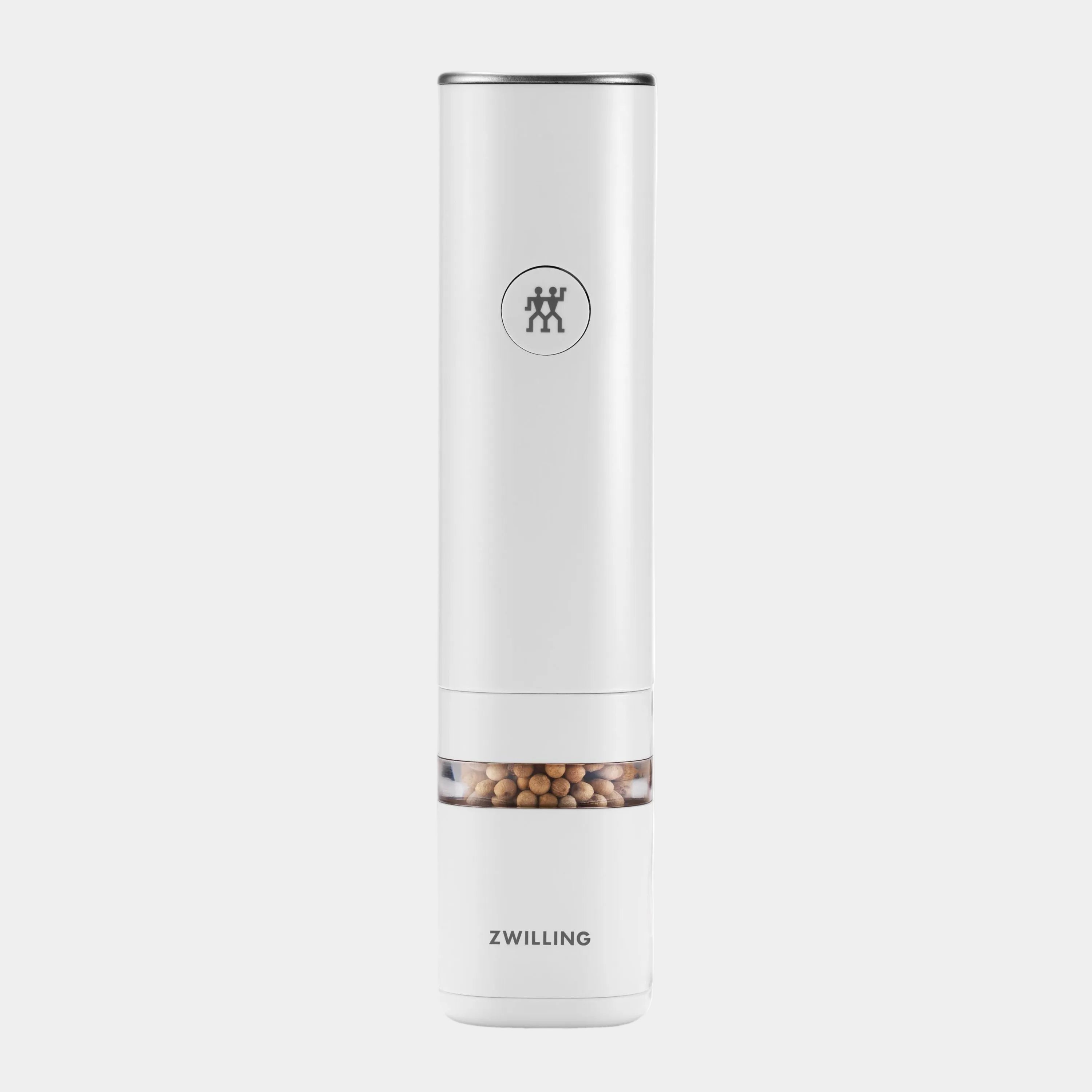 White electric pepper grinder with visible brand logo on a white background