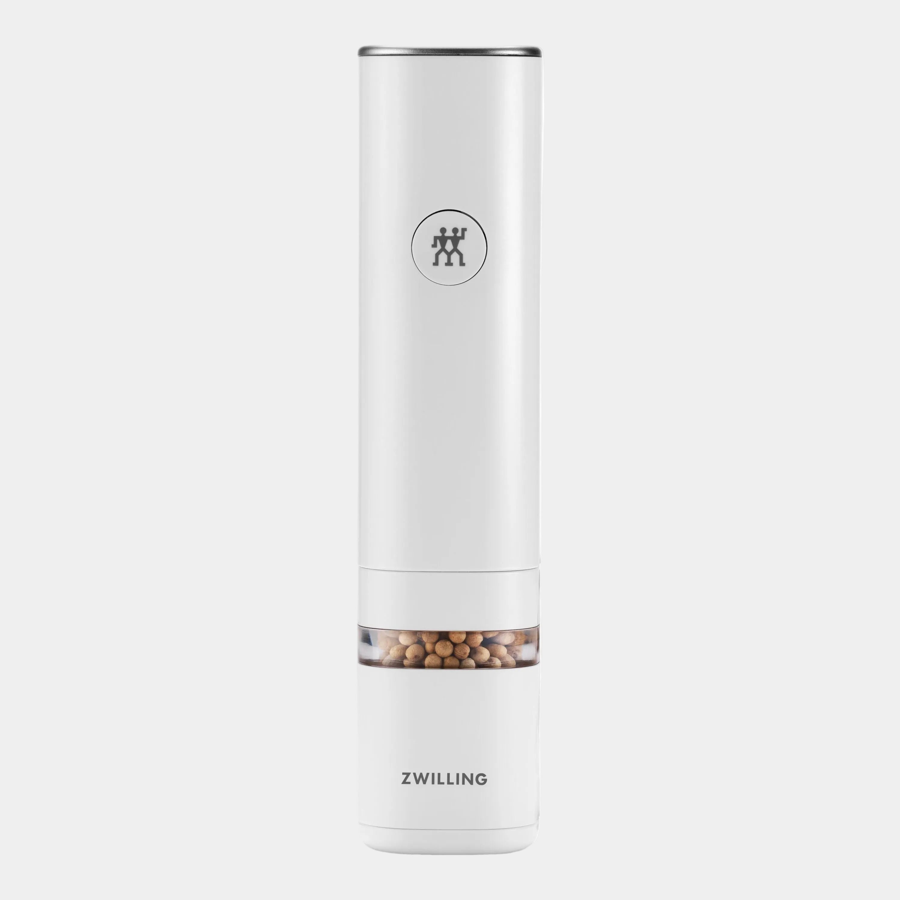 White electric pepper grinder with 'Zwilling' branding on a white background