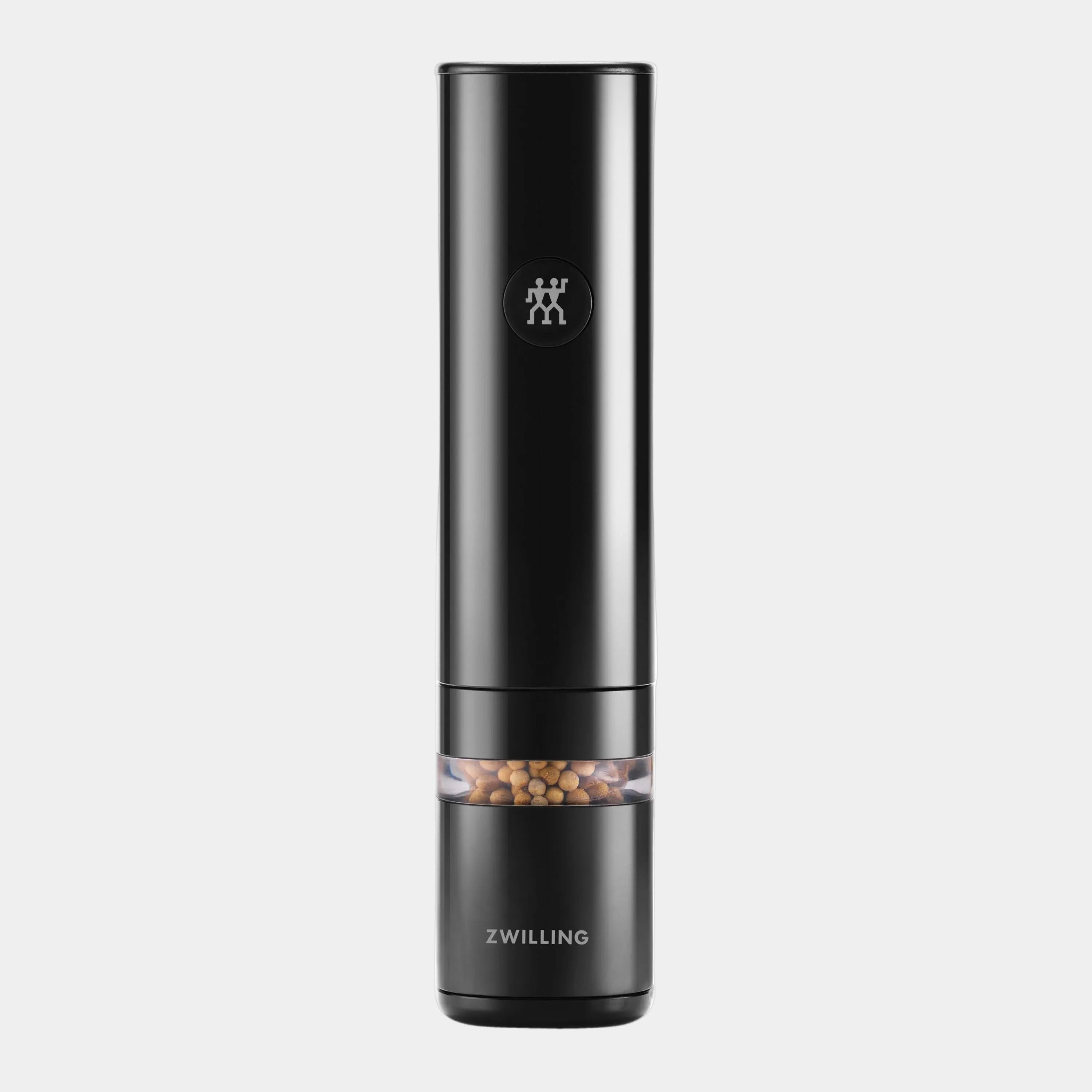 Black pepper grinder with visible brand logo on a white background