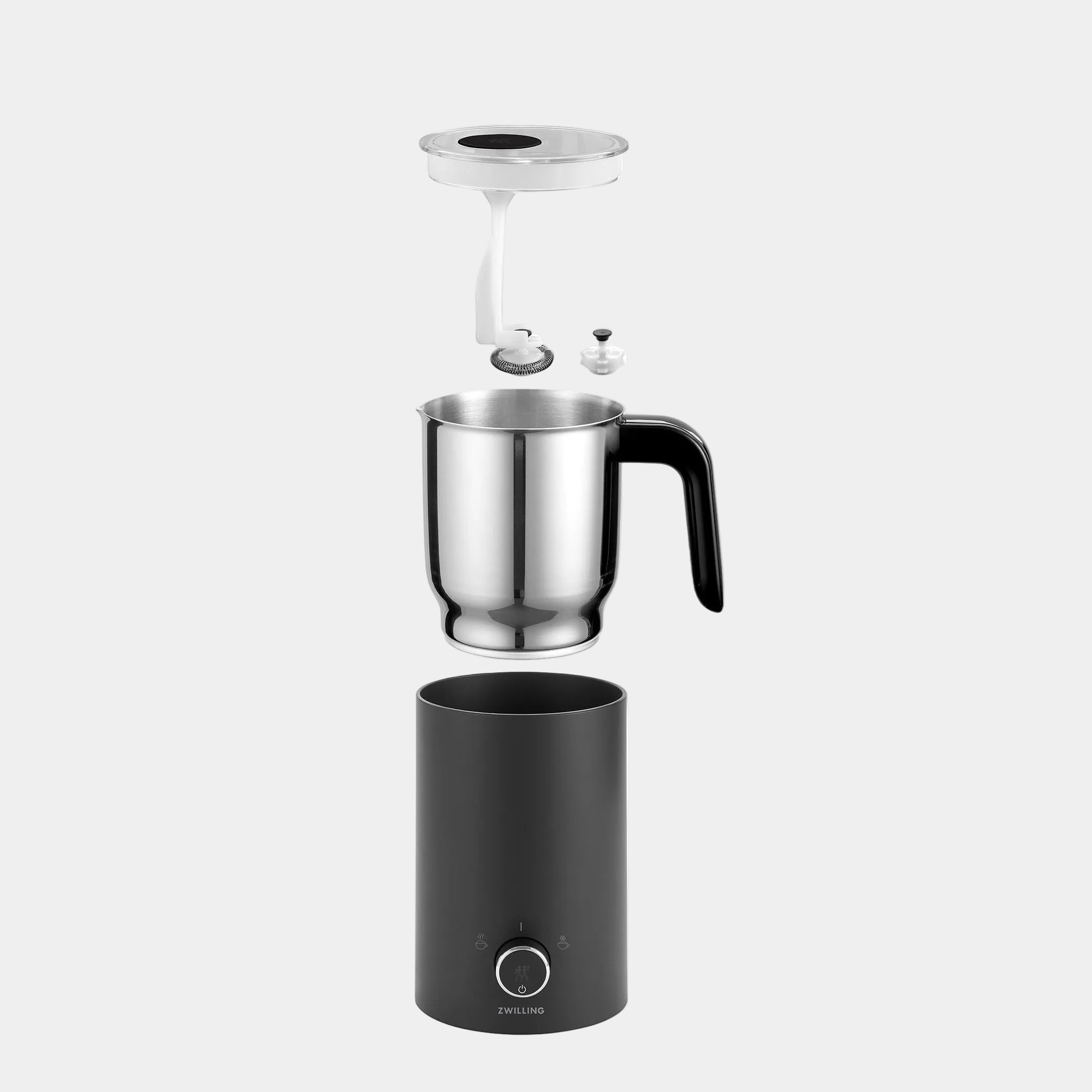 Black and silver milk frother on a white background