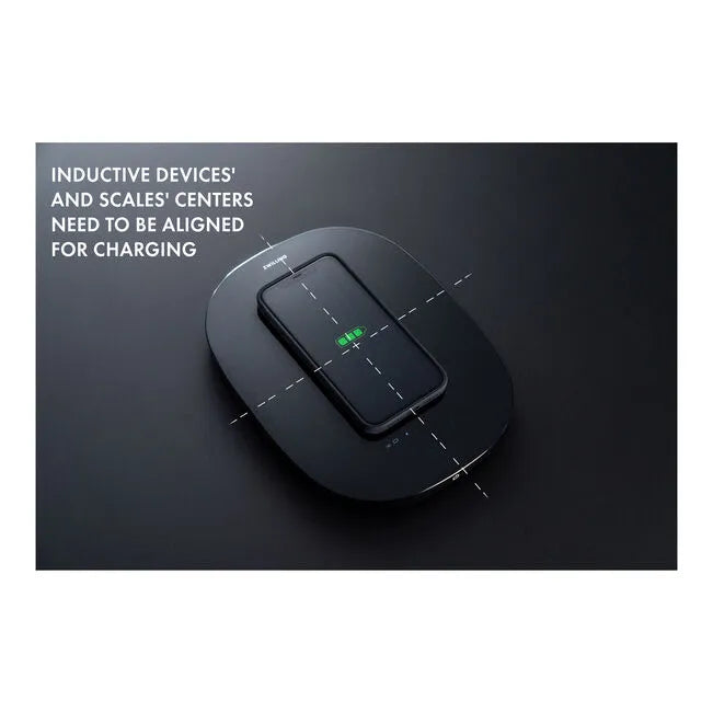 ZWILLING Enfinigy Kitchen Scale with wireless charging on black background, highlighting alignment for charging