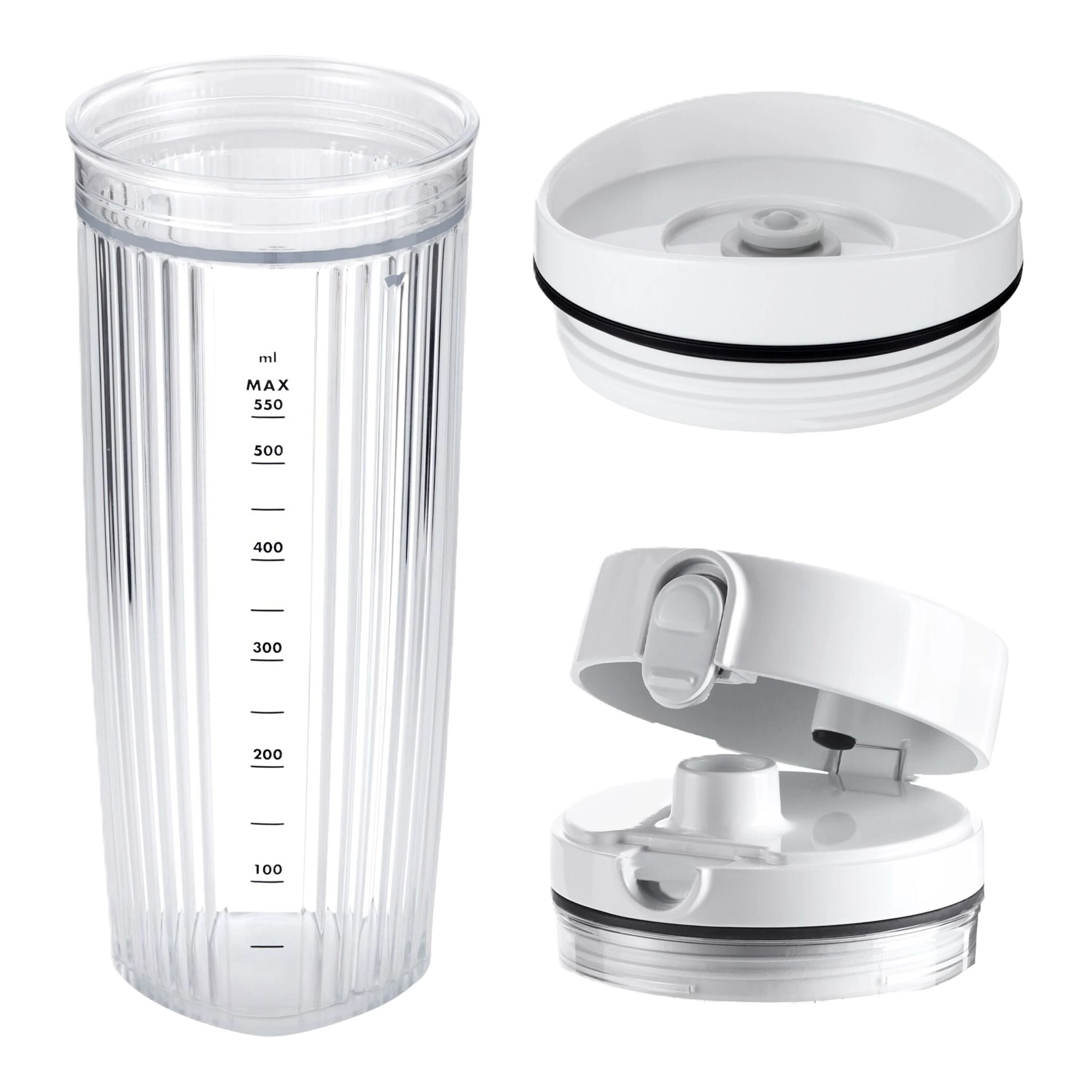 Blender container with lid and base on a white background