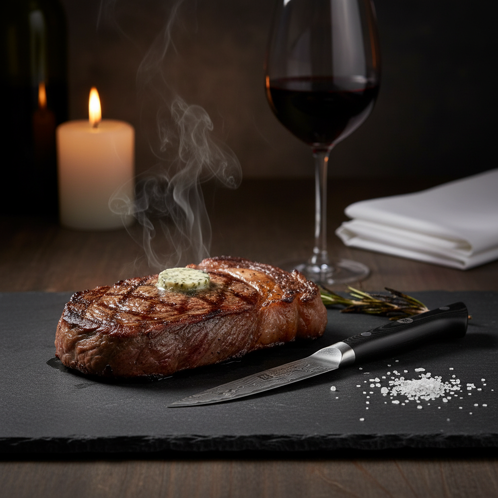 Steak with a pat of butter, knife, and glass of red wine on a dark surface with a candle in the background.