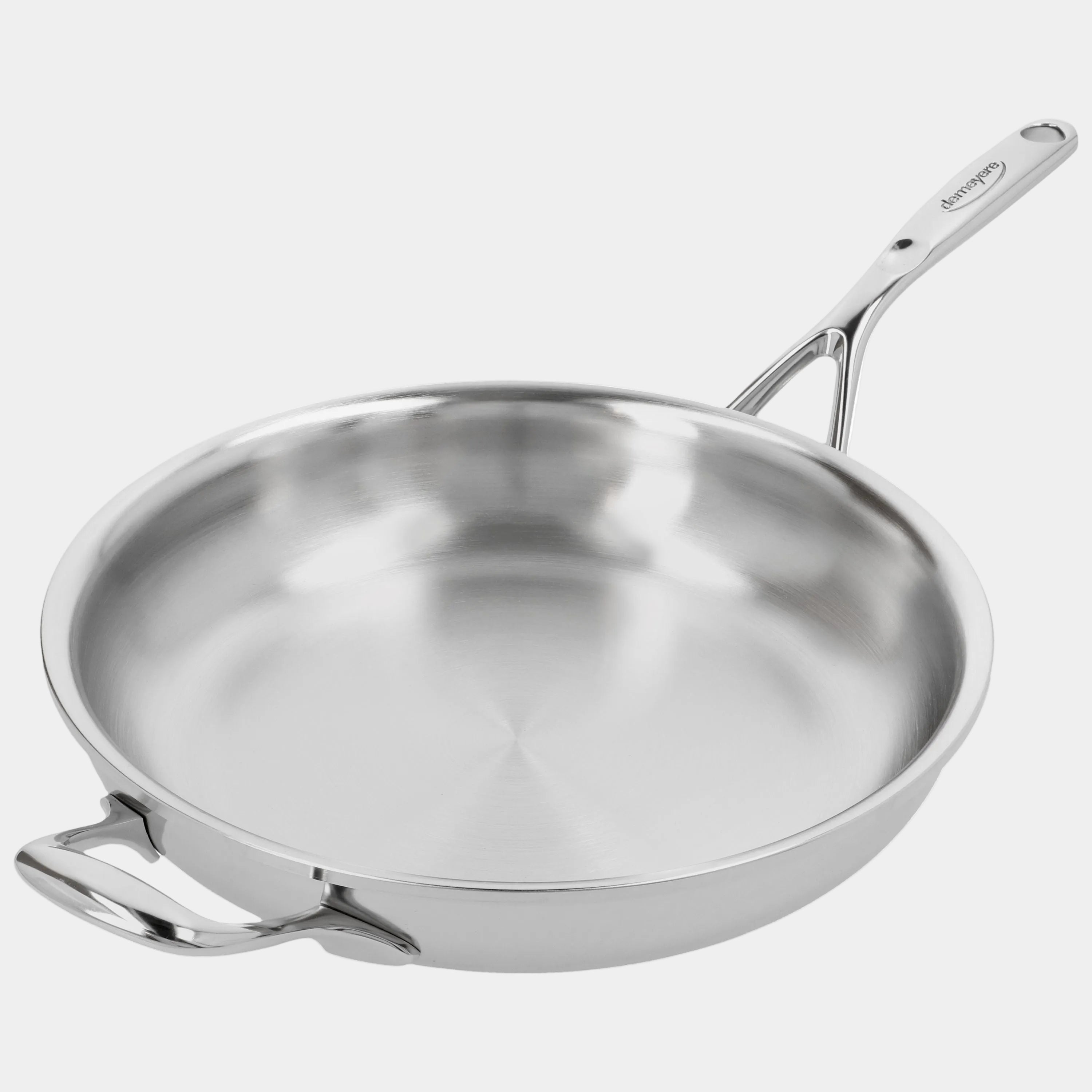 Stainless steel frying pan with a handle on a white background