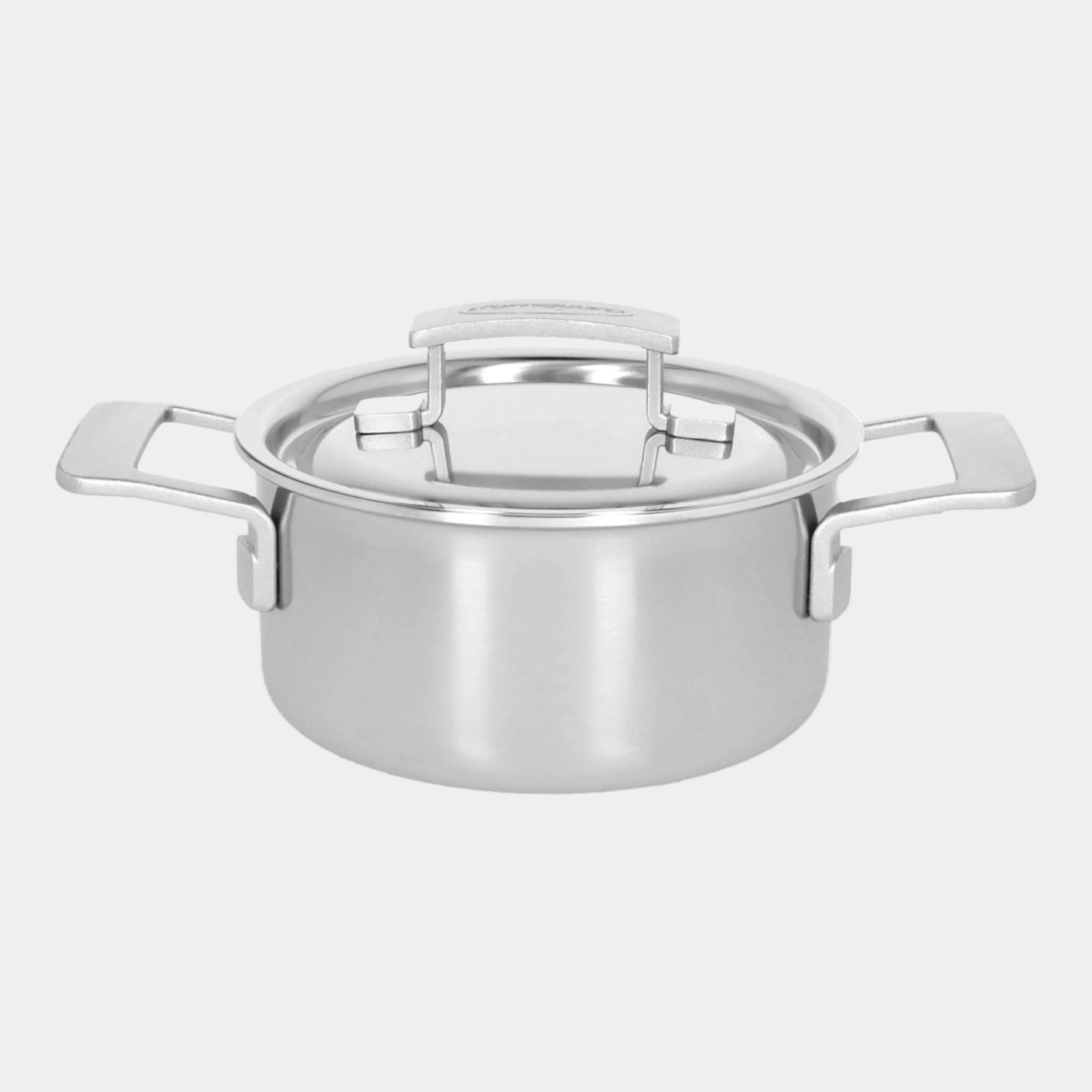 Stainless steel pot with lid on a white background