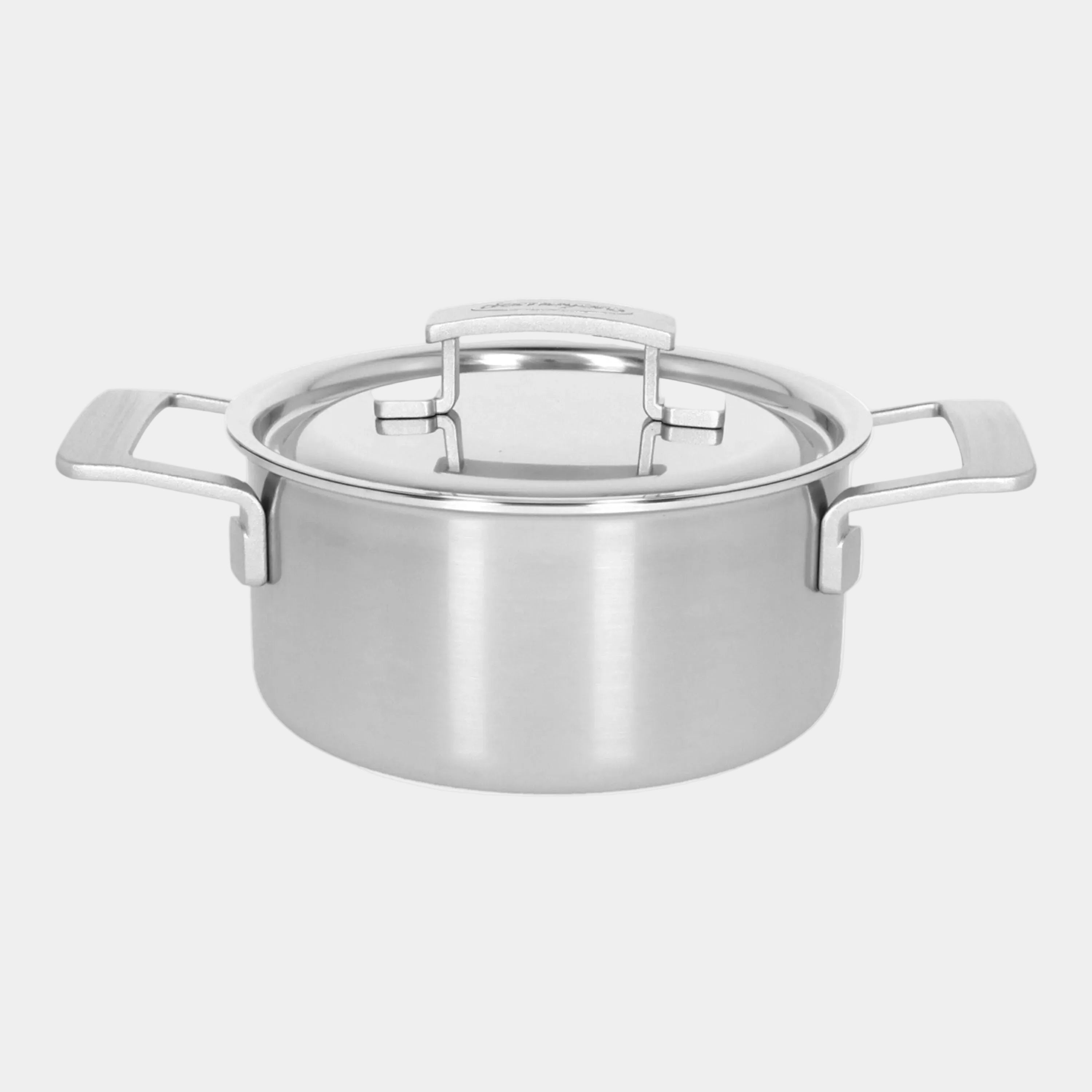 Stainless steel pot with lid on a white background