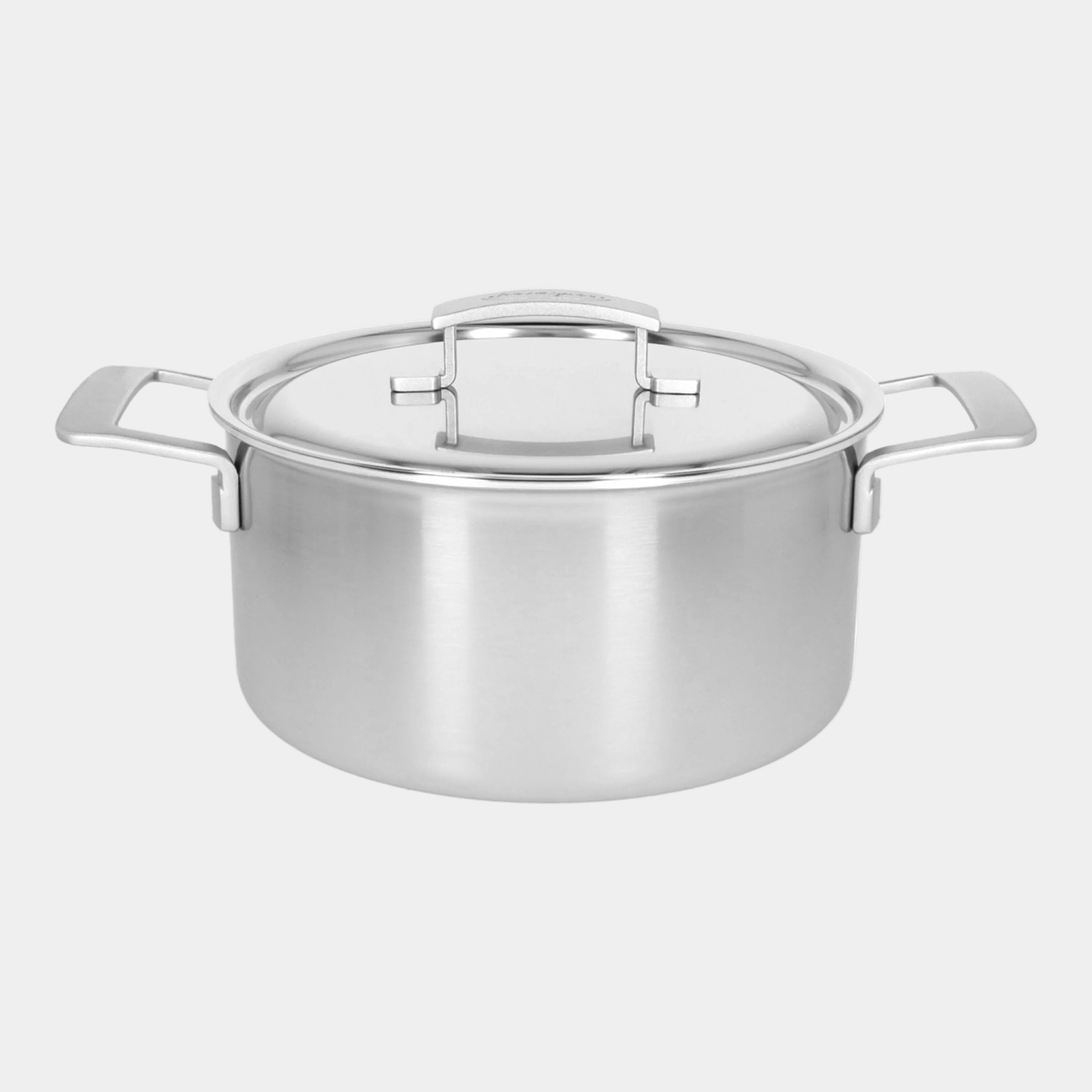 Stainless steel stock pot with lid on a white background