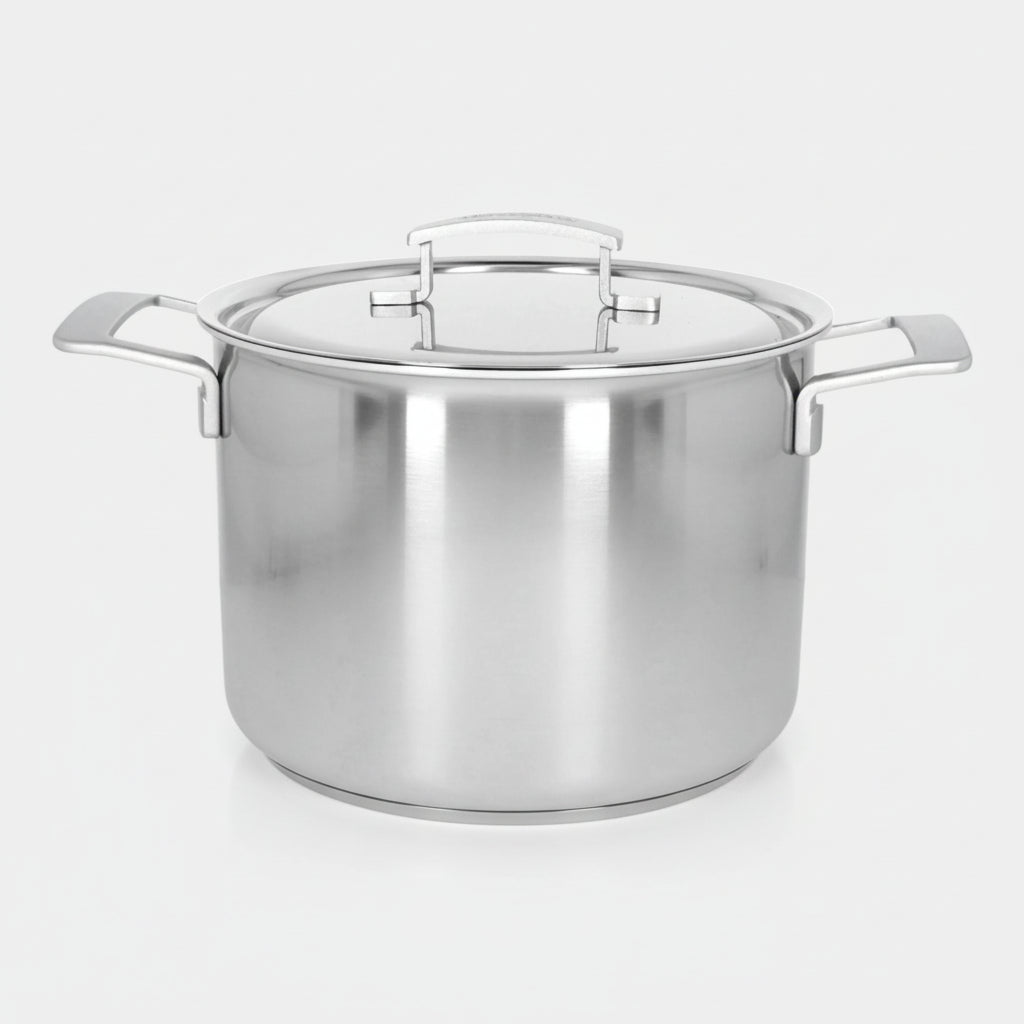 Stainless steel stock pot with lid on a white background