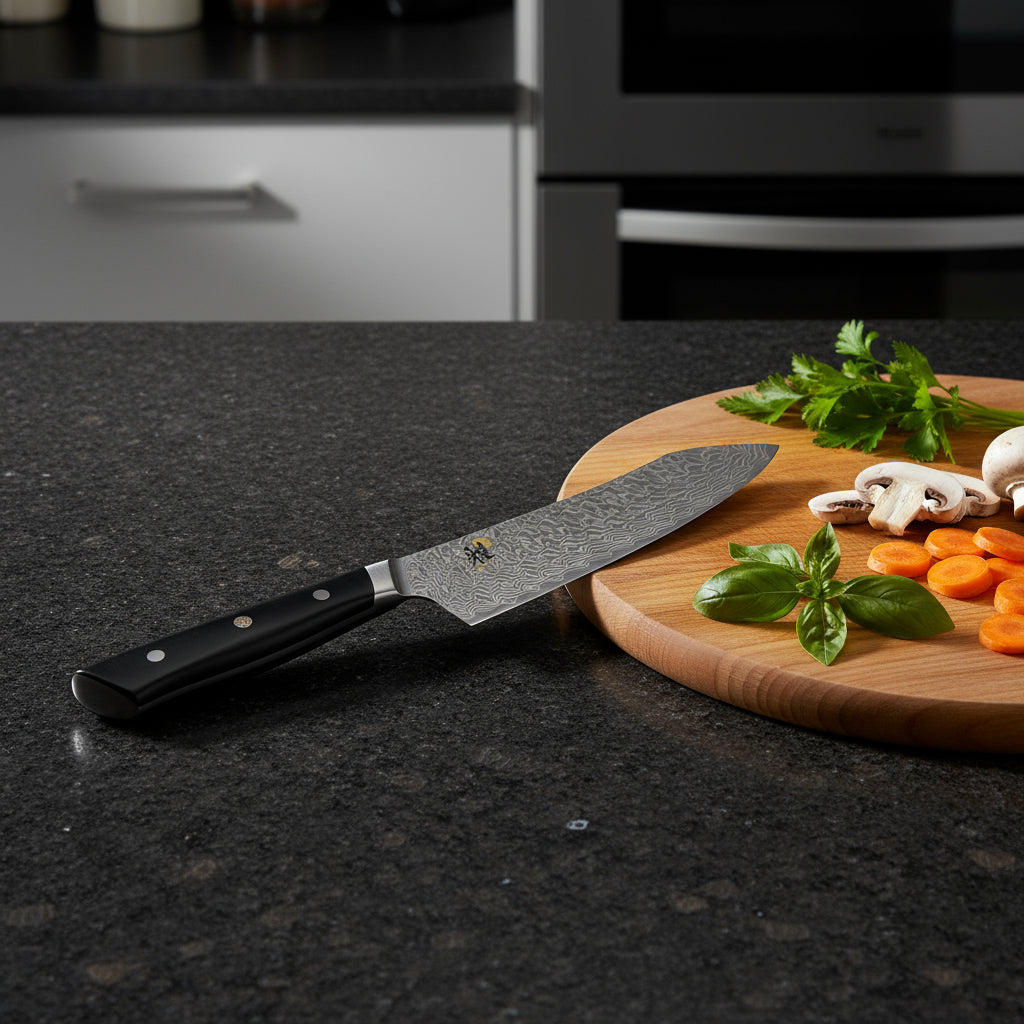 Chef's knife with a black handle and silver blade on a white background