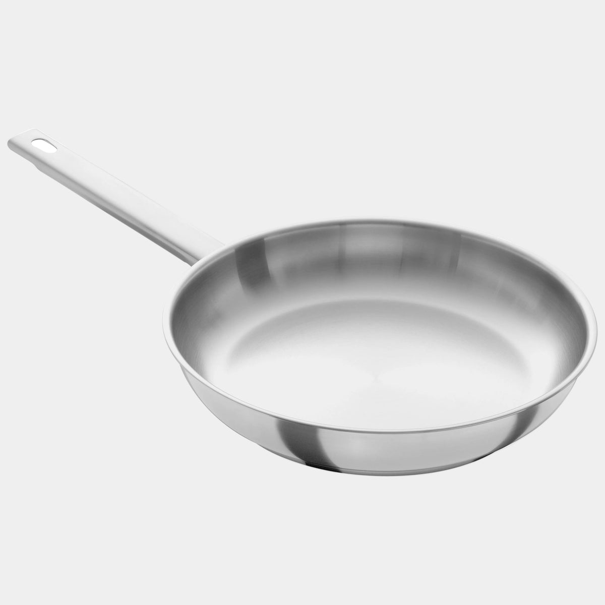Stainless steel frying pan on a white background
