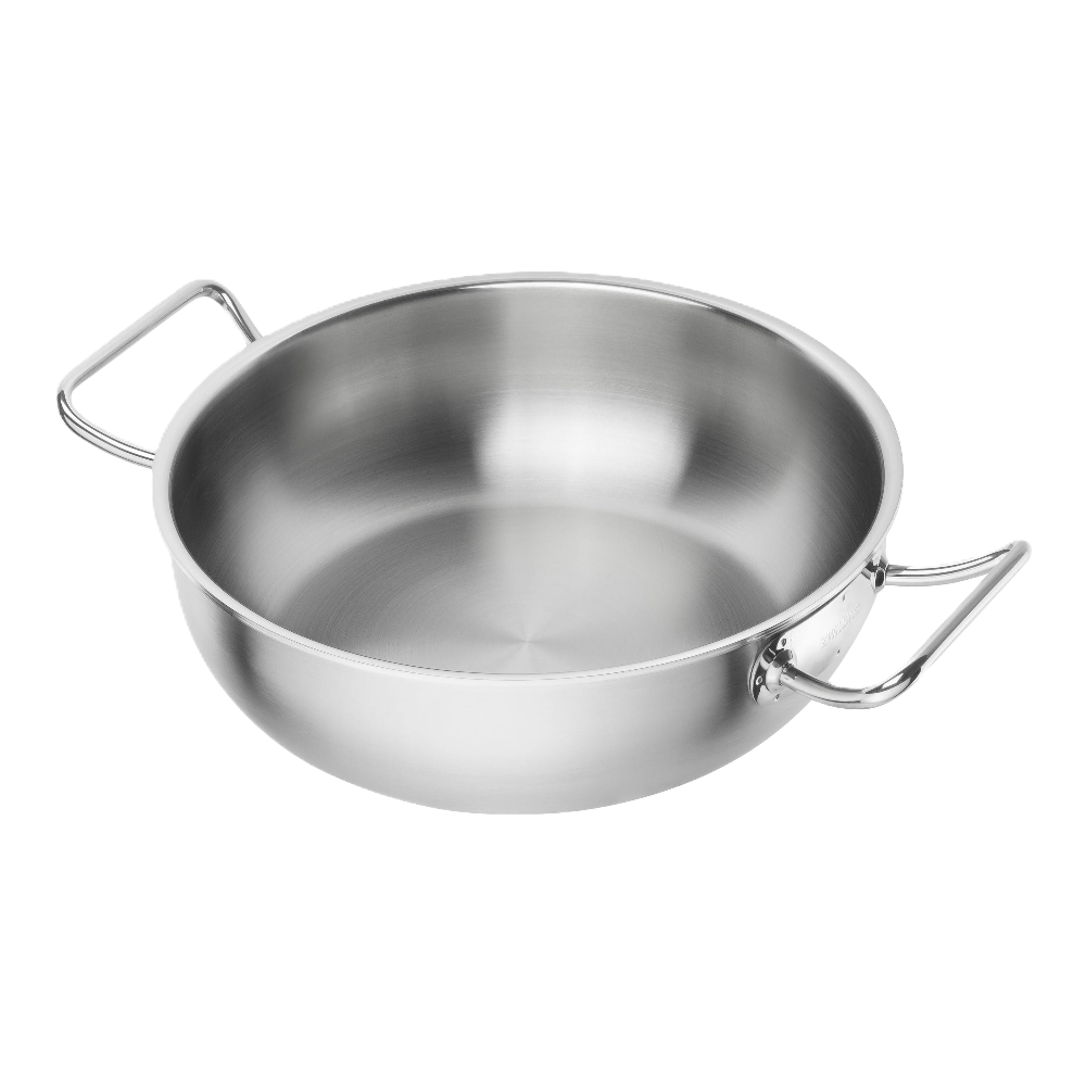 Stainless steel pot with handles on a white background