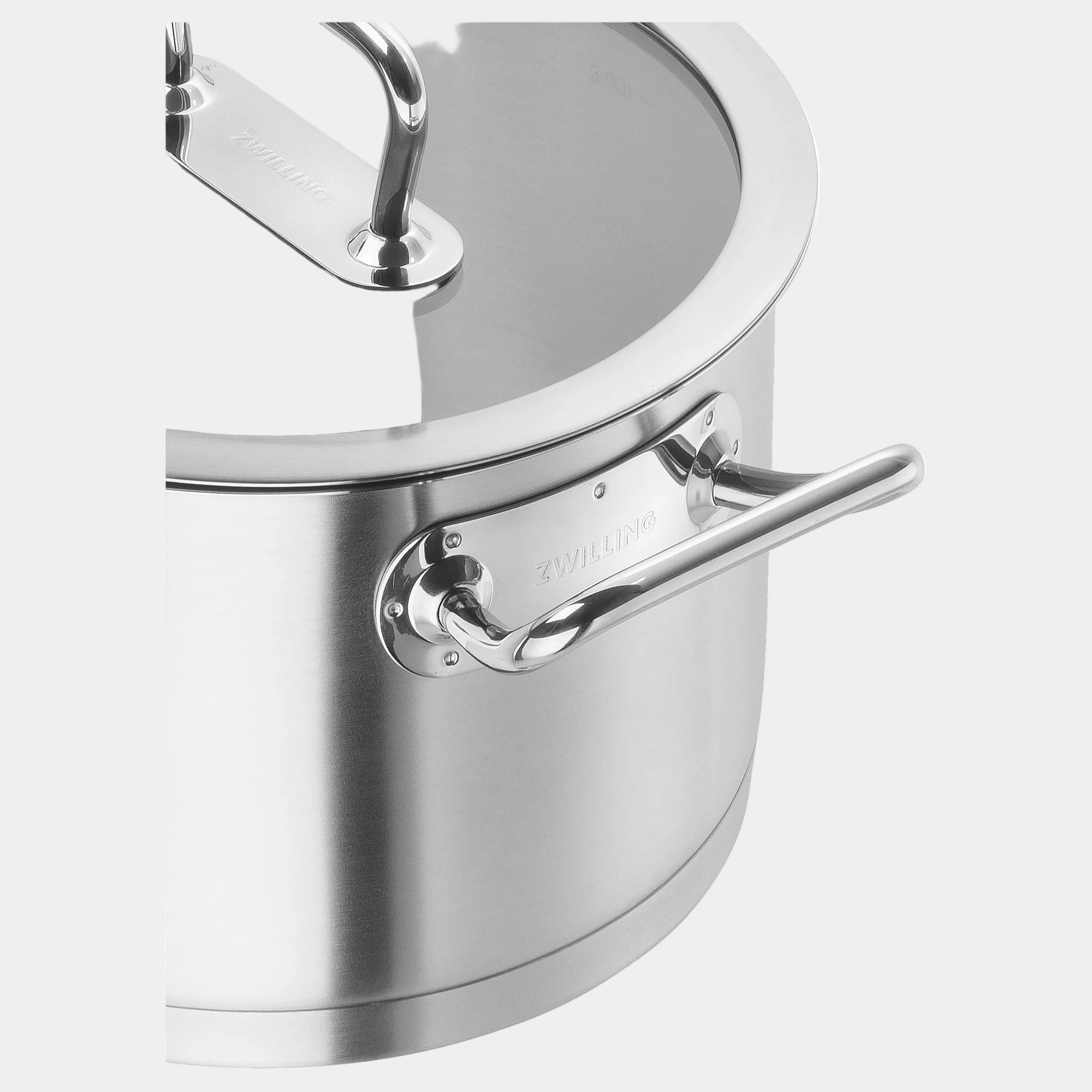 Stainless steel pot with lid on a white background