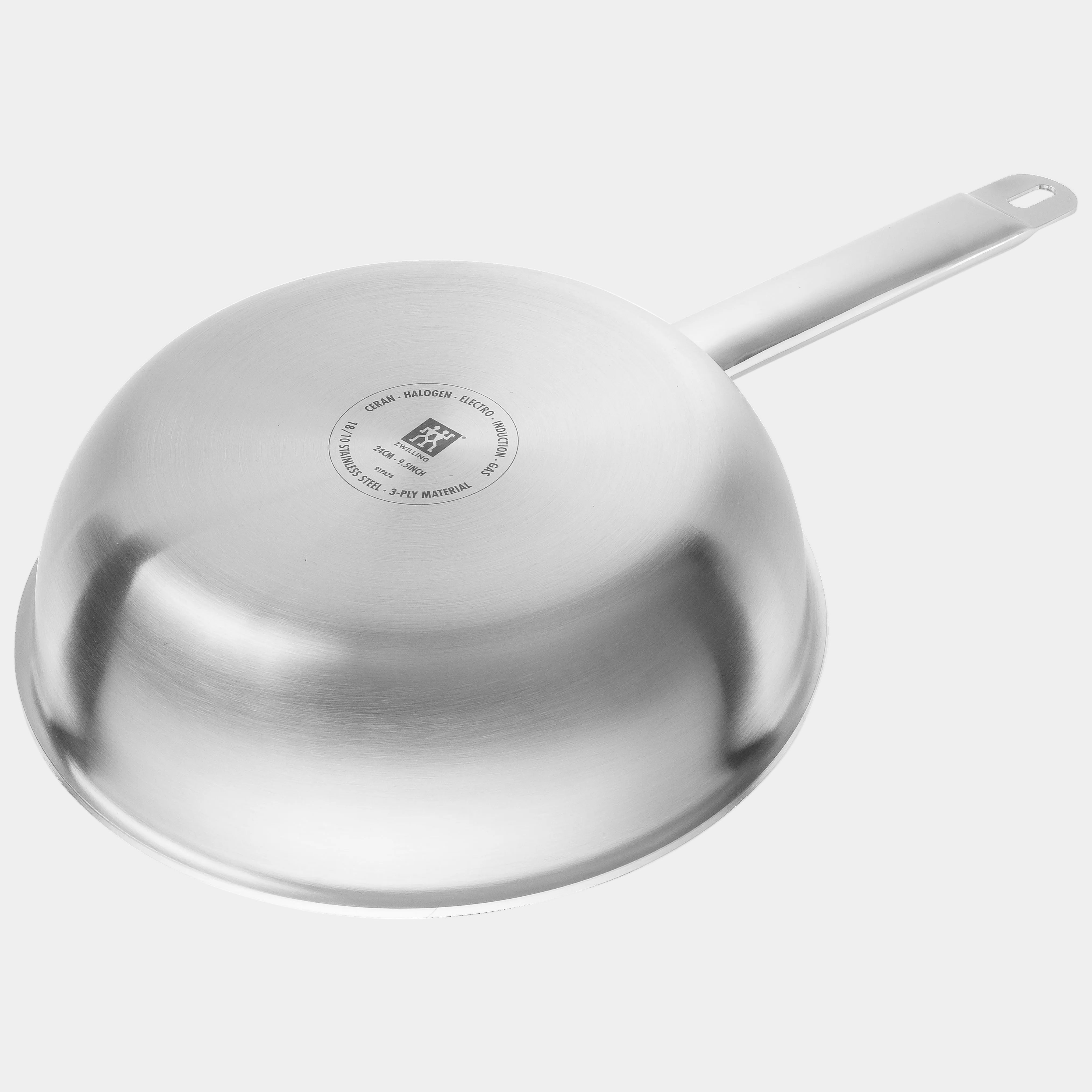 Stainless steel frying pan with a brand logo on a white background