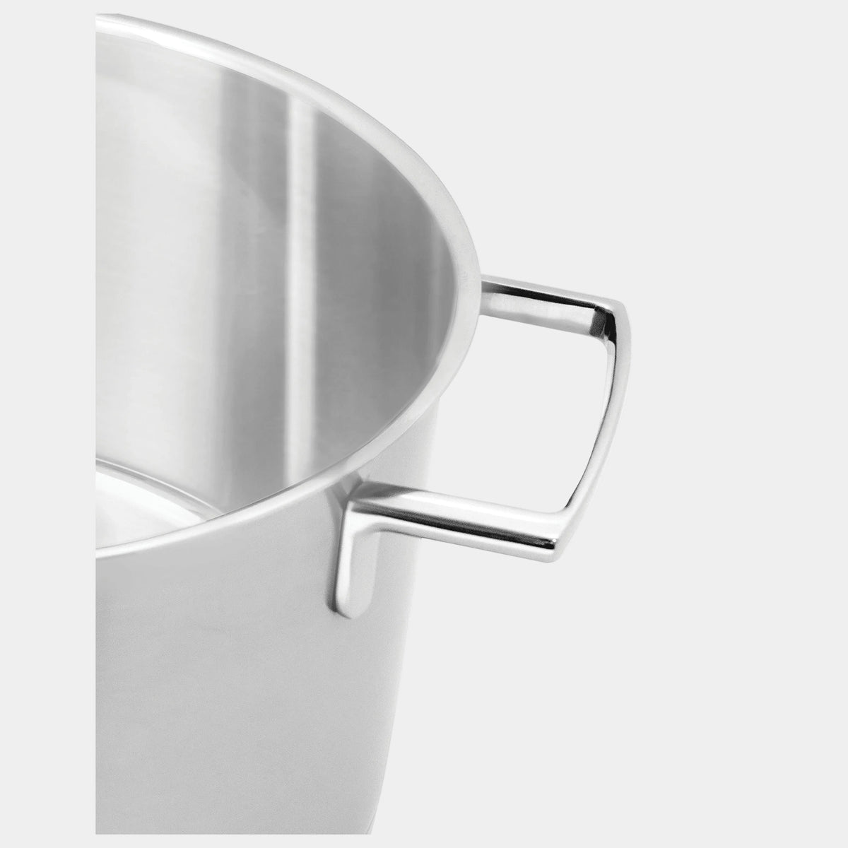 Close-up of a stainless steel pot with handles on a white background
