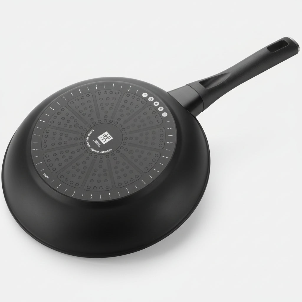 Black frying pan with a textured non-stick surface on a white background
