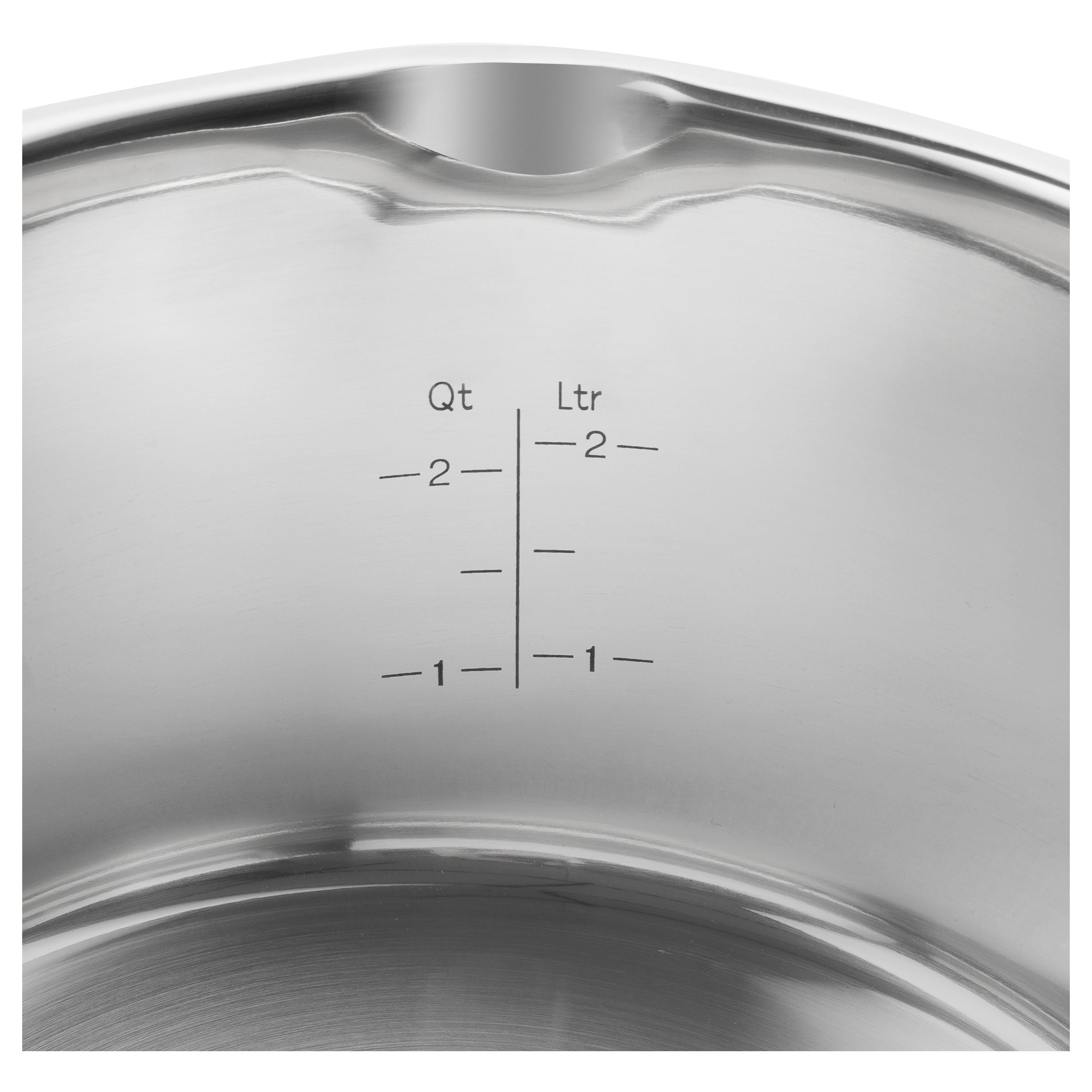 Stainless steel pot with measurement markings on a white background