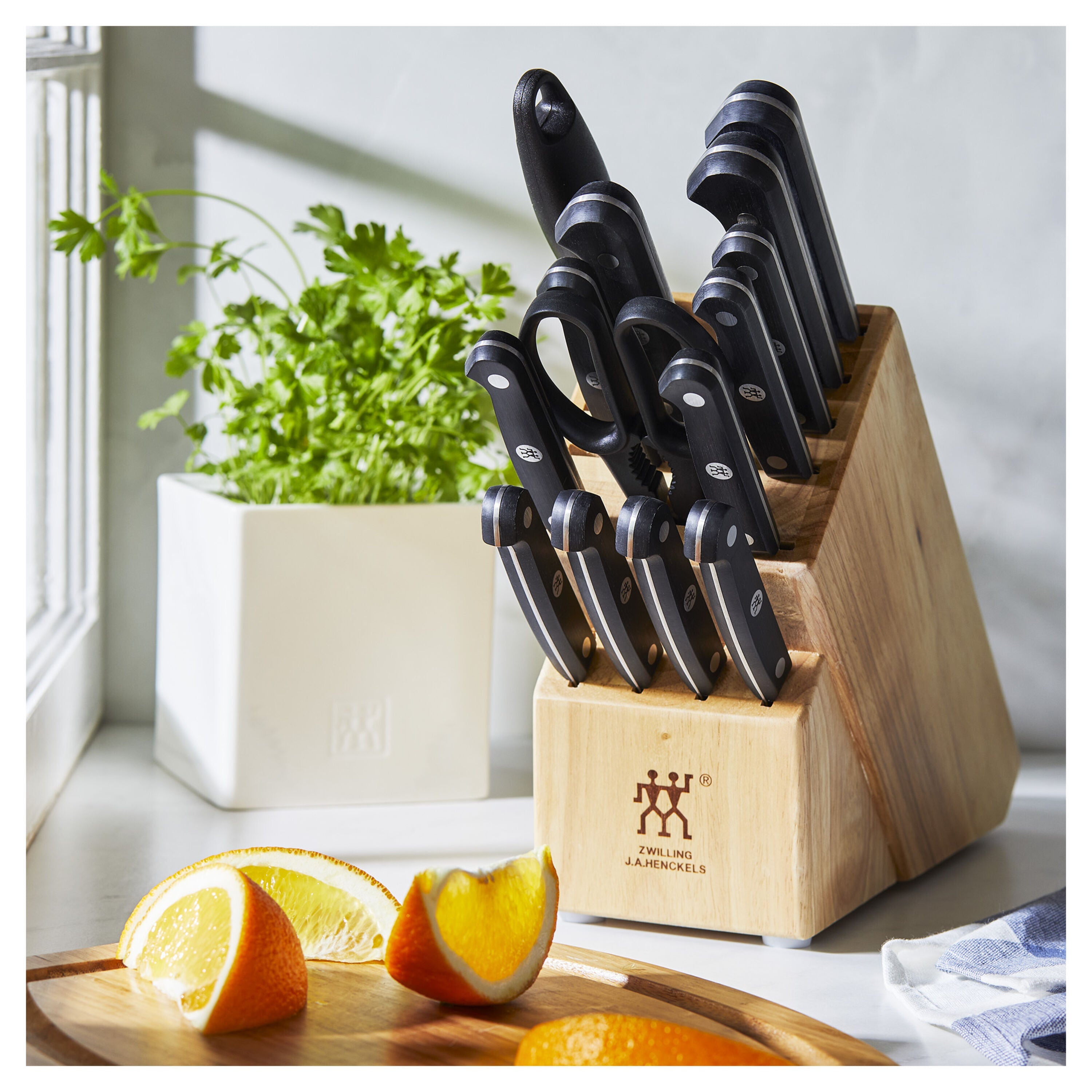 Set of knives in a wooden block on a kitchen counter with oranges and a plant in the background.