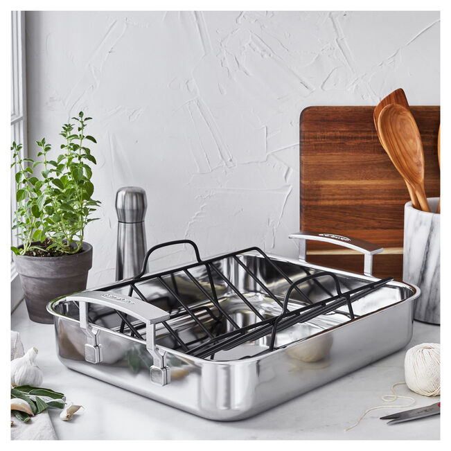 DEMEYERE Industry 5 39 X 33 cm 18/10 Stainless Steel Rectangular Roaster + Grid, Silver