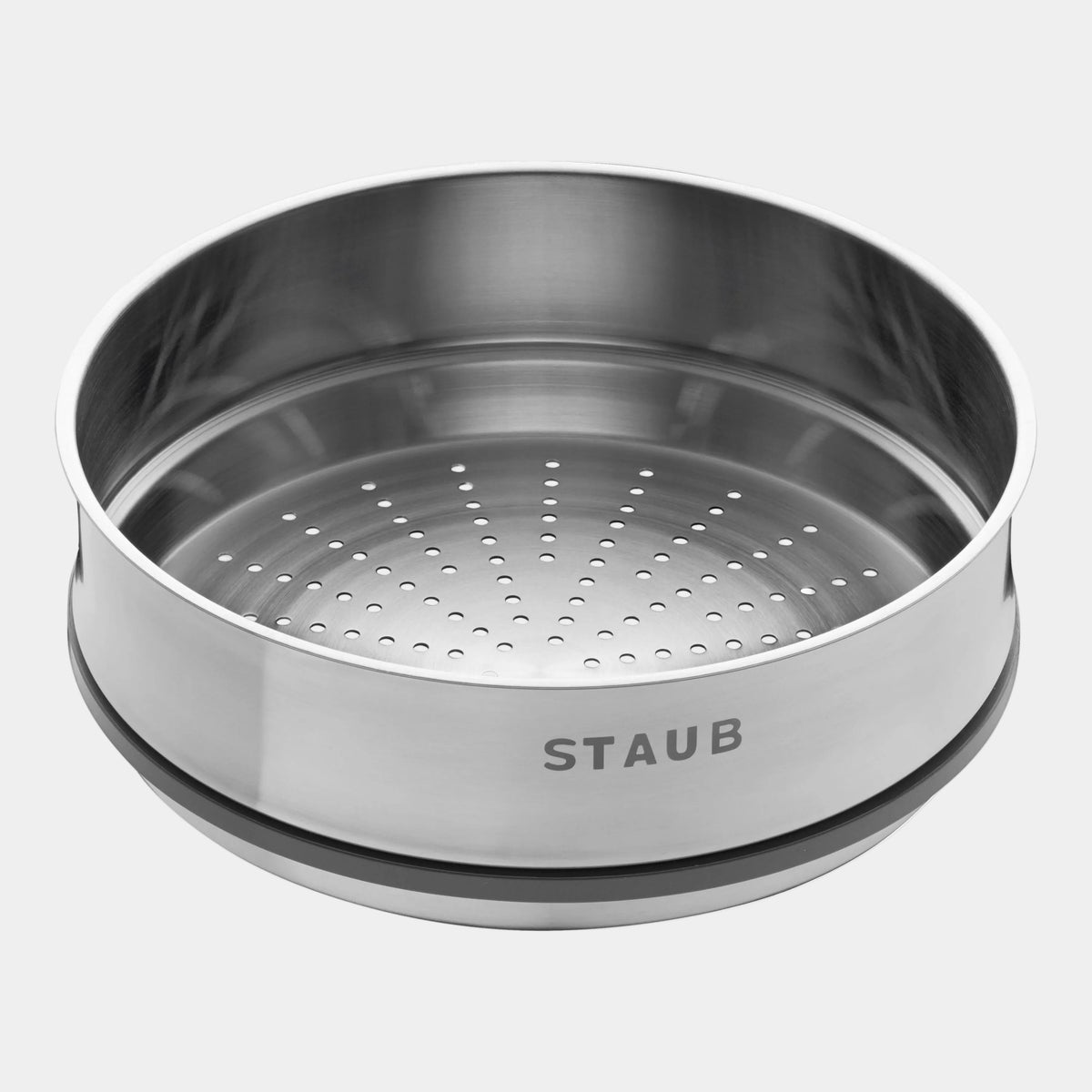Stainless steel colander with perforated design on a white background, featuring the Staub brand.