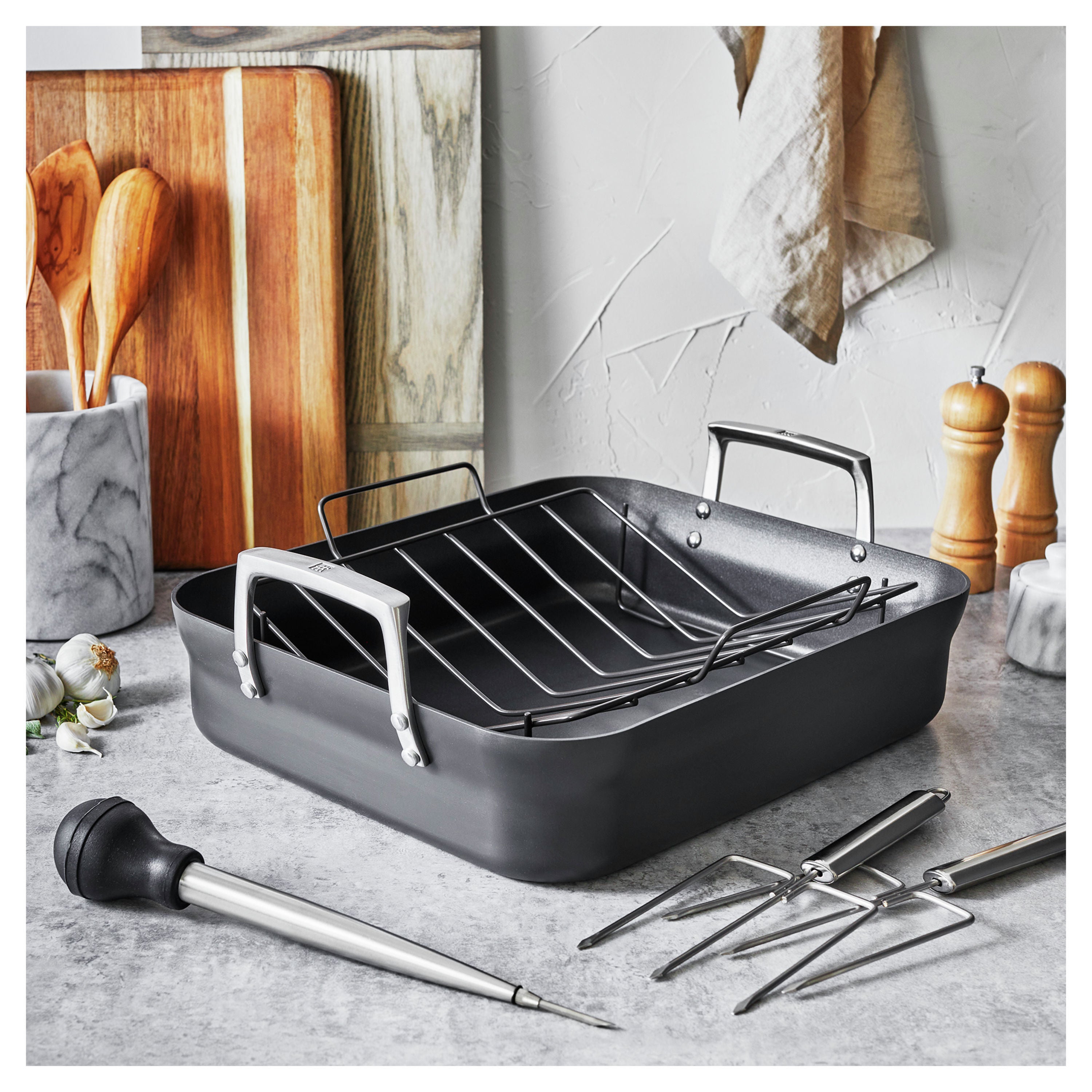 ZWILLING Motion Heavy Duty Aluminum Rectangular Roaster Set 41 X 36 cm Black with Nonstick Coating-2