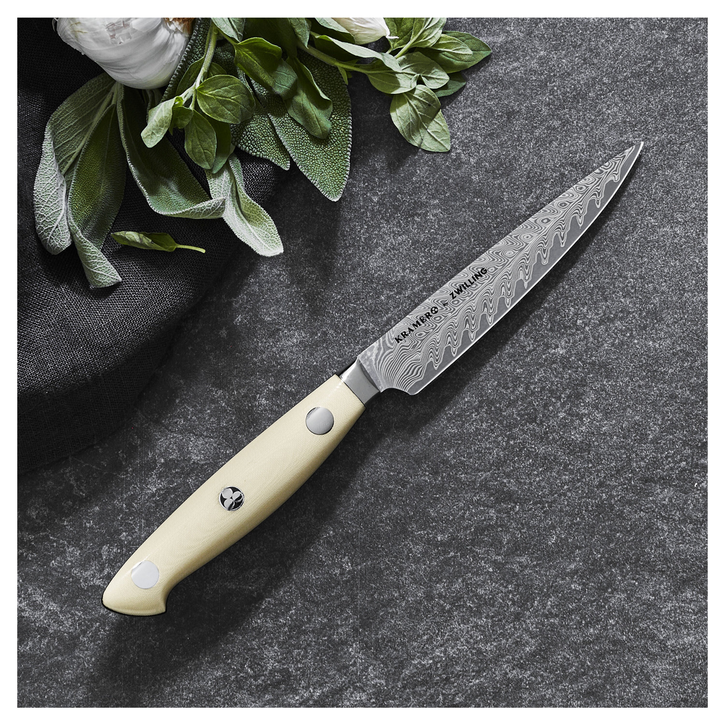 Forked blade knife with decorative handle on a dark surface with green leaves.