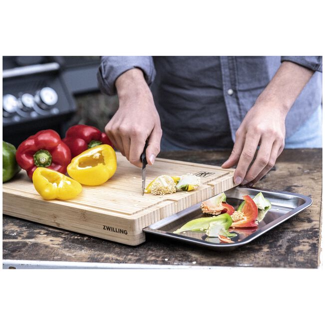 Zwilling BBQ+ Cutting Board with Stainless‑Steel Tray – FSC Bamboo, Groove & Non‑Slip Feet