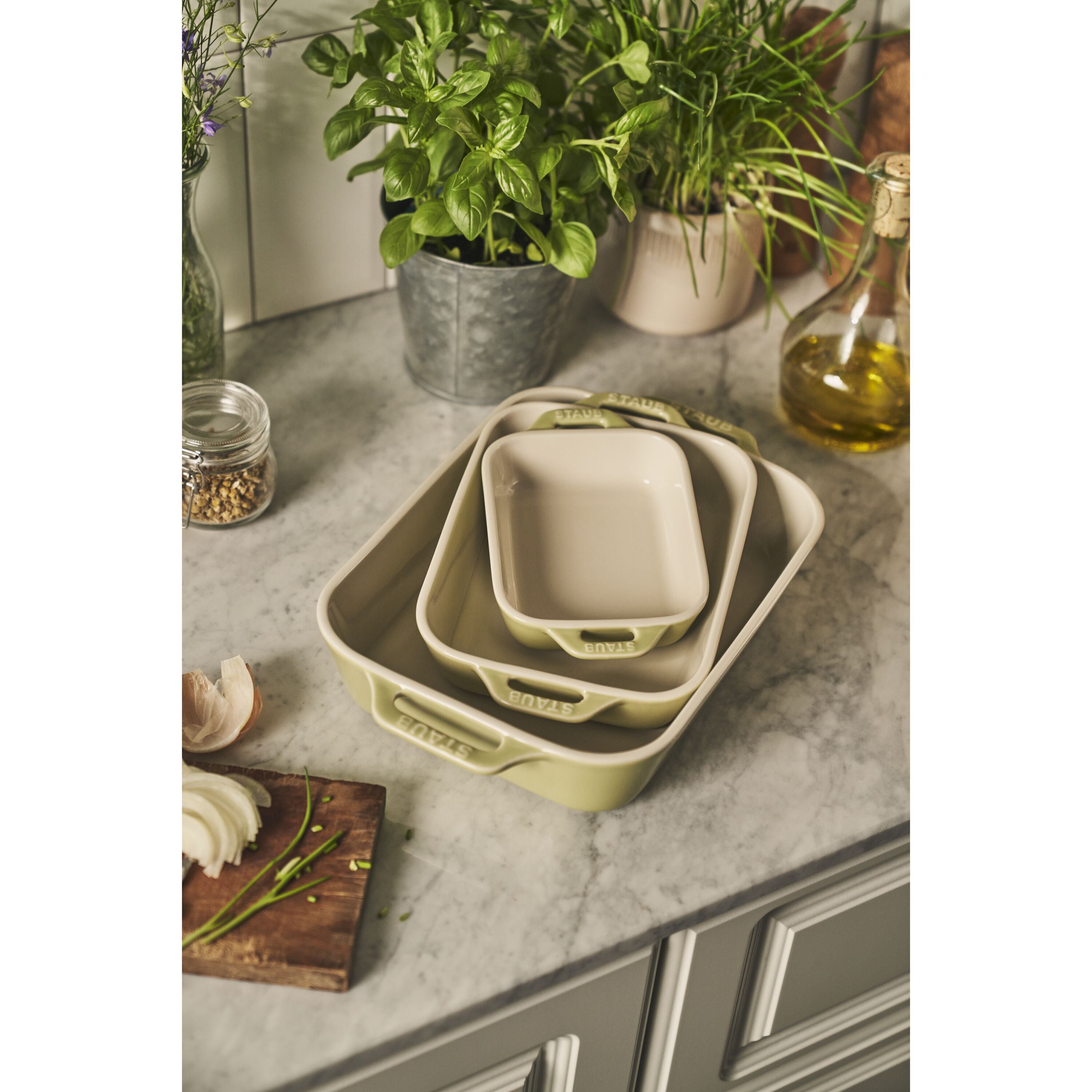 STAUB Ceramique Rectangular Baking Dish Set Macaron Light Green 3 Piece-2