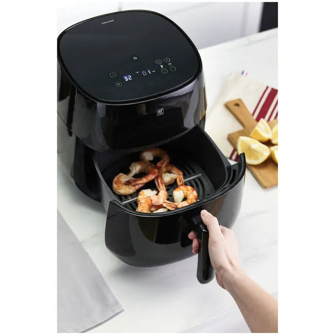 ZWILLING CERAMIC COATED Air Fryer, Black-0 with shrimps on a white surface