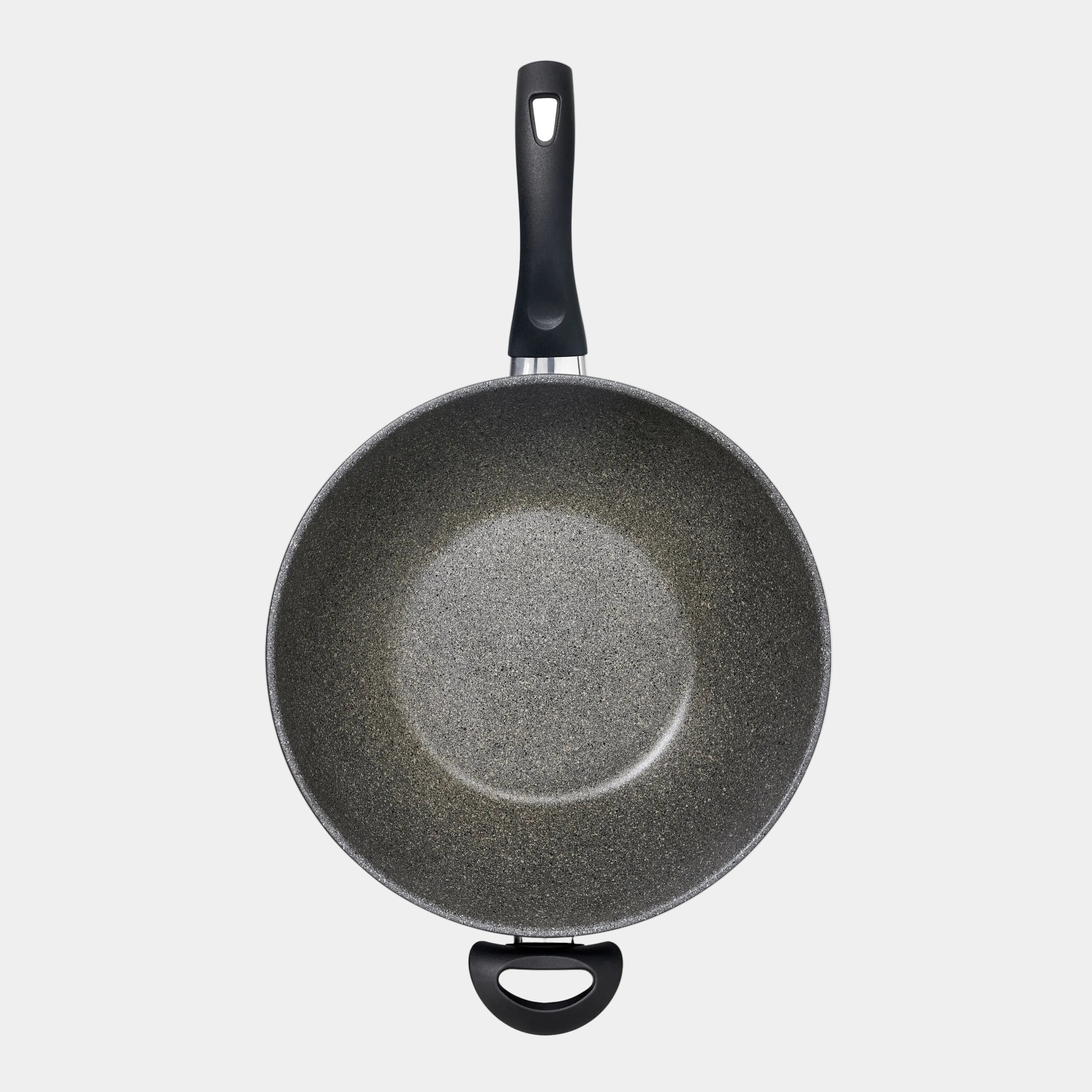 Gray speckled frying pan with black handles on a white background