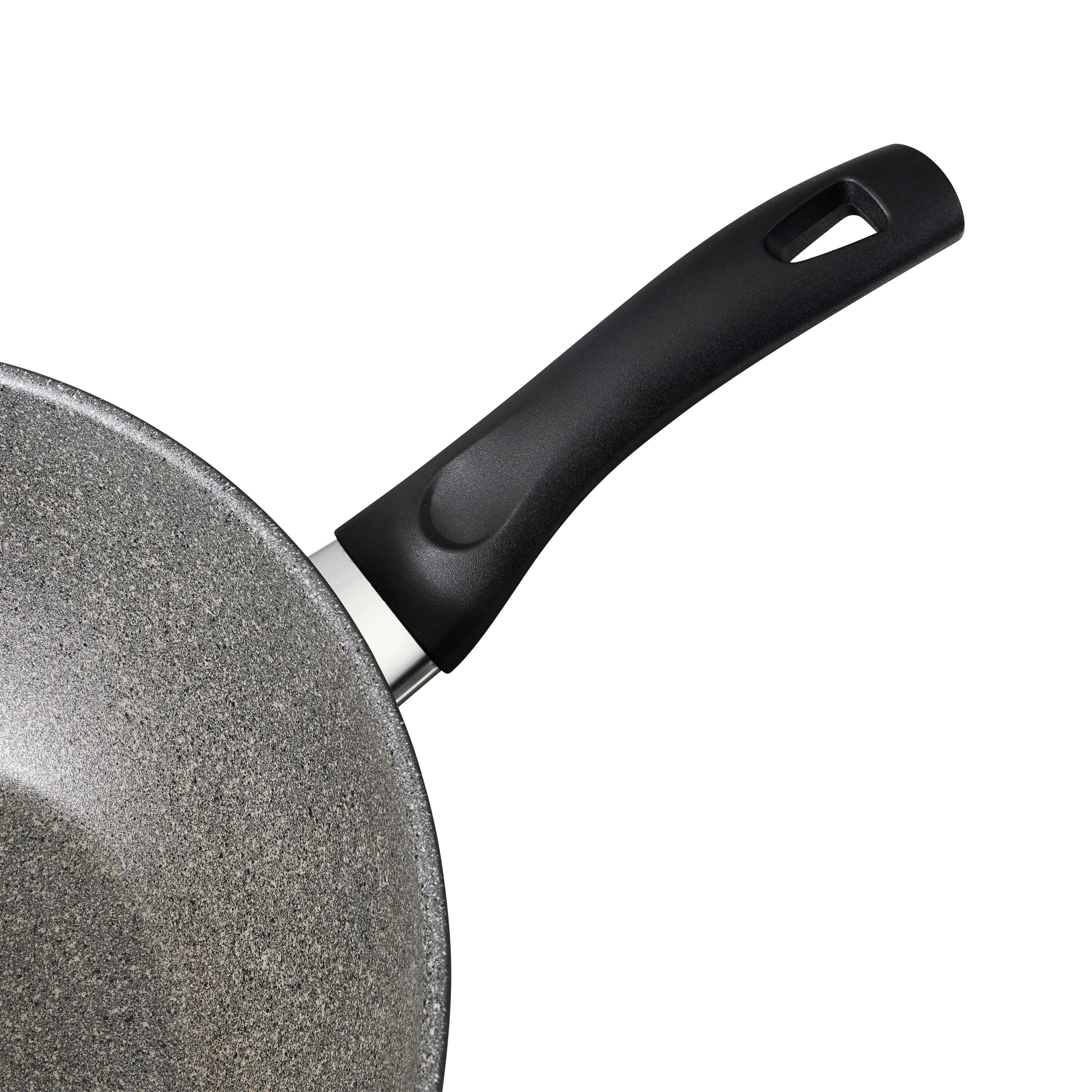 Close-up of a frying pan with a black handle on a white background
