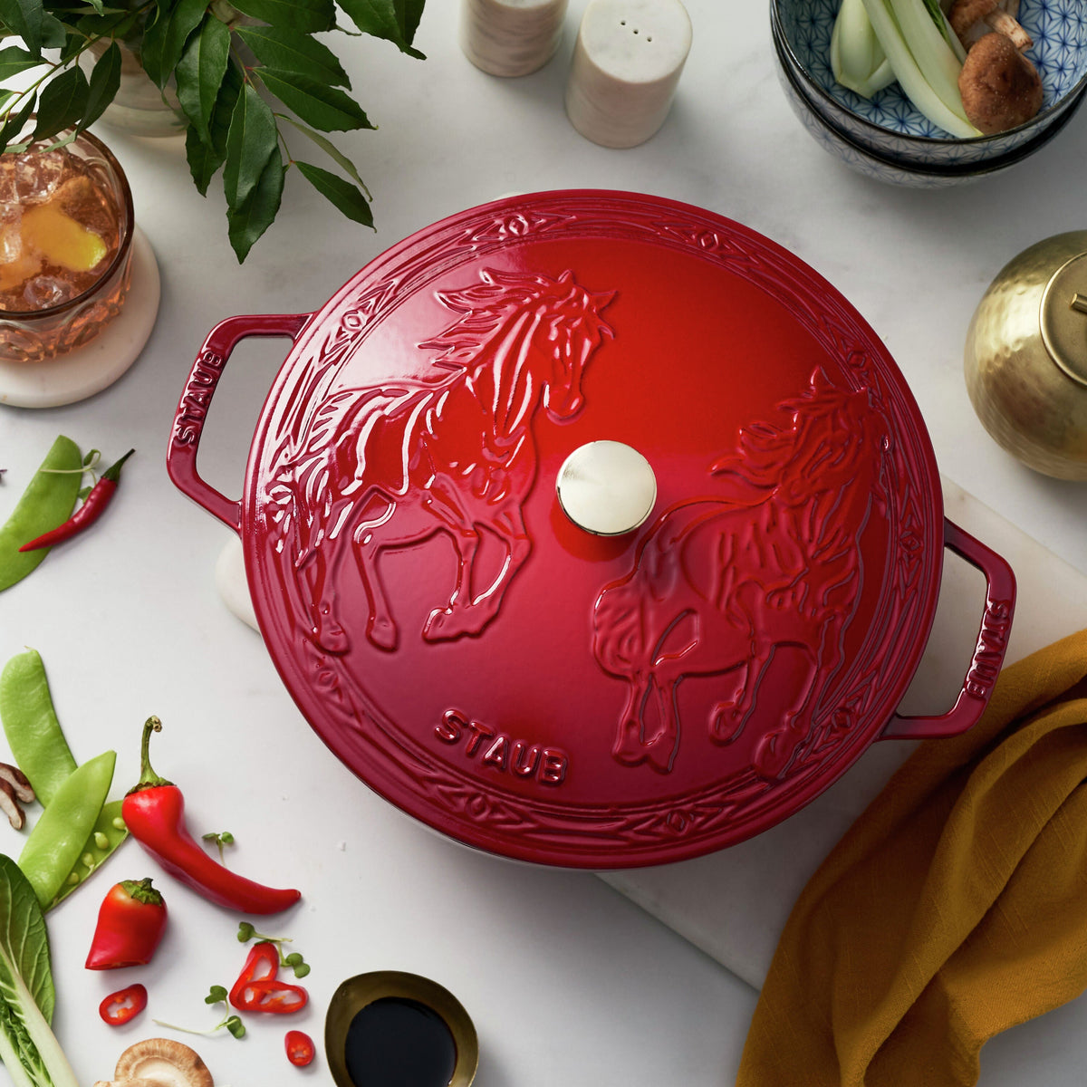 STAUB La Cocotte 4.8 L Cast Iron Round Year of The Horse French Oven, Cherry