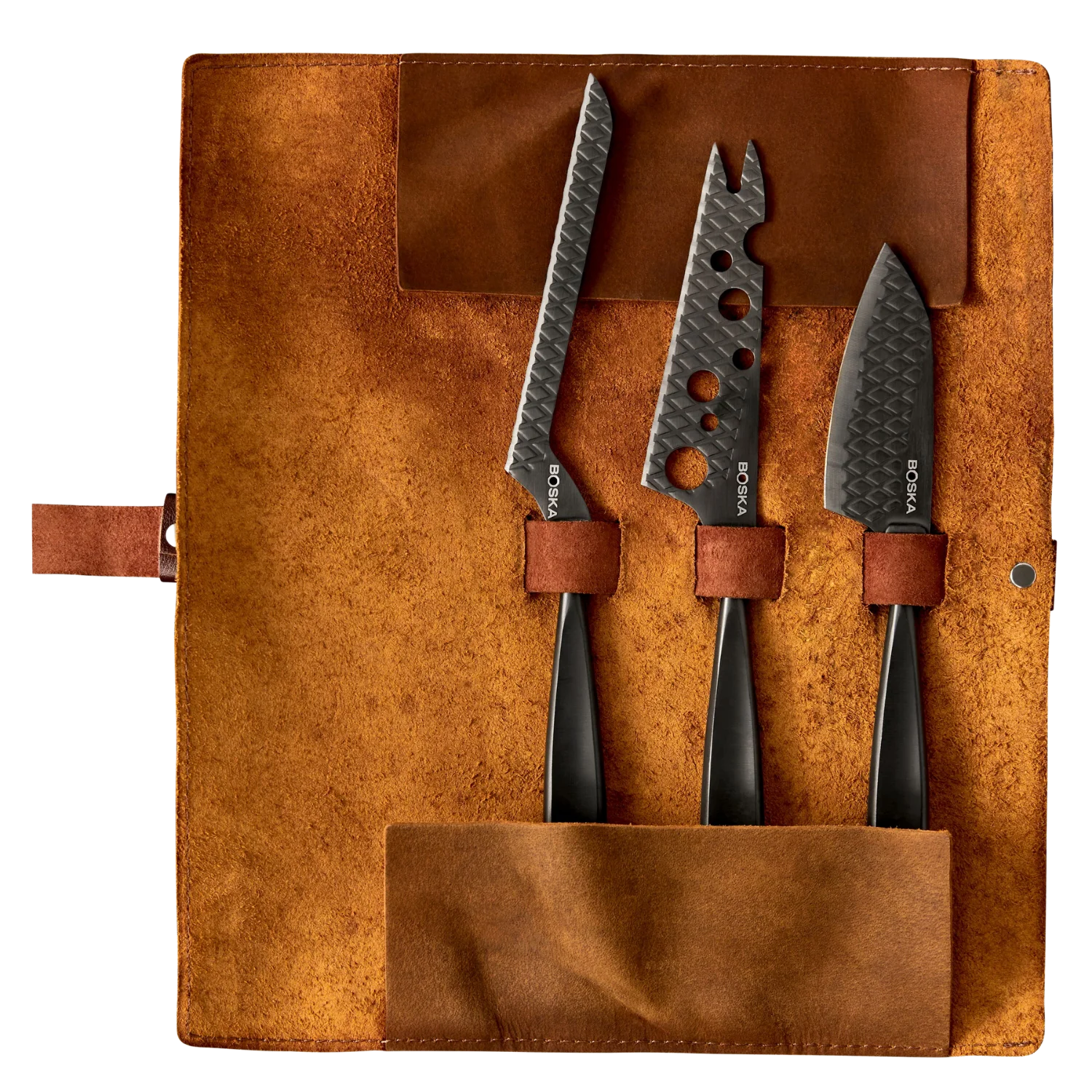 BOSKA Monaco+ Cheese Knife Set — 3-Piece Stainless Steel with Leather Knife Roll
