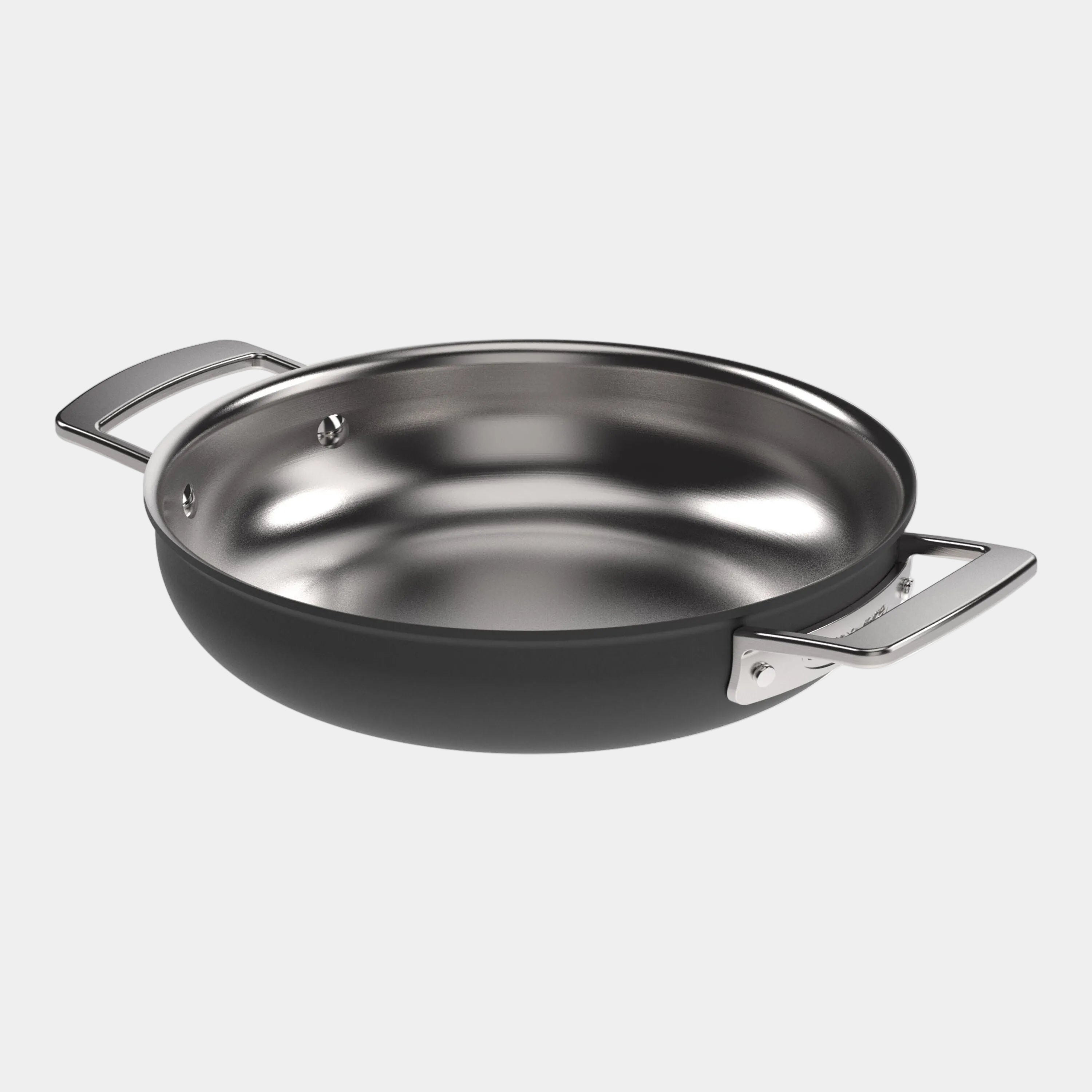Stainless steel frying pan with handles on a white background
