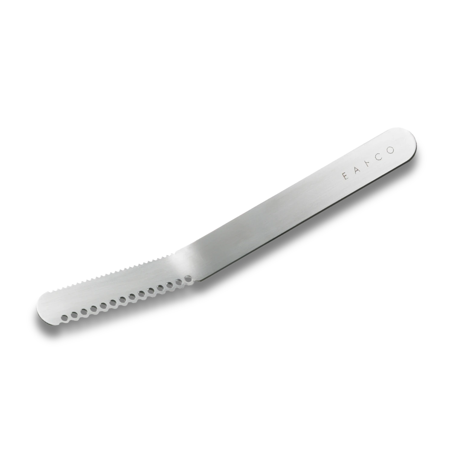 Stainless steel bread knife with a textured blade on a white background